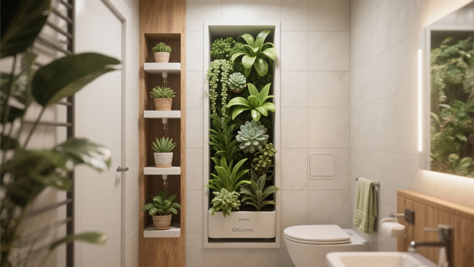 Modern white bathroom featuring a tall vertical green plant wall and wooden shelves with plants