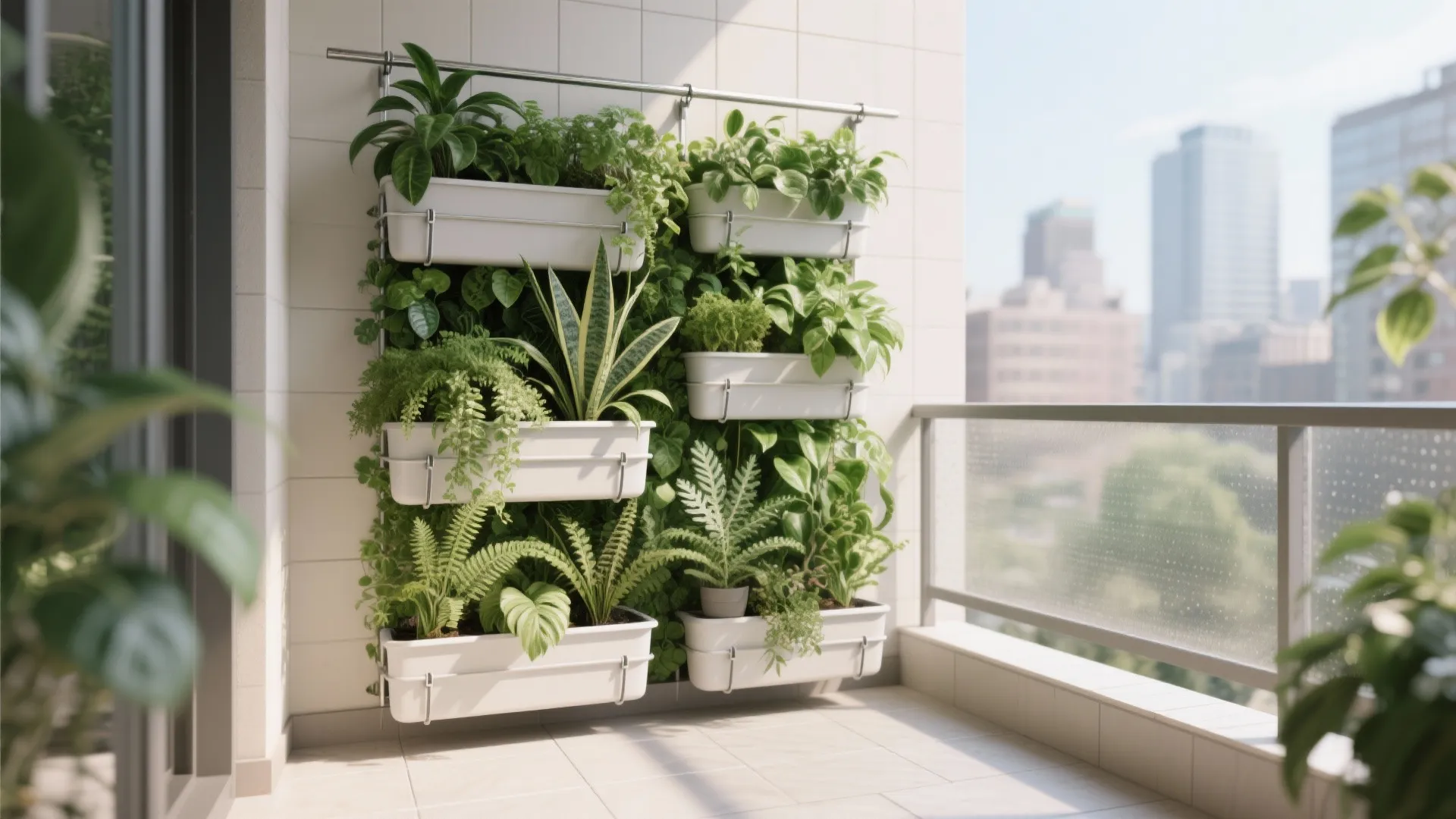 Rental-friendly balcony with modular vertical planters creating a lush green wall.