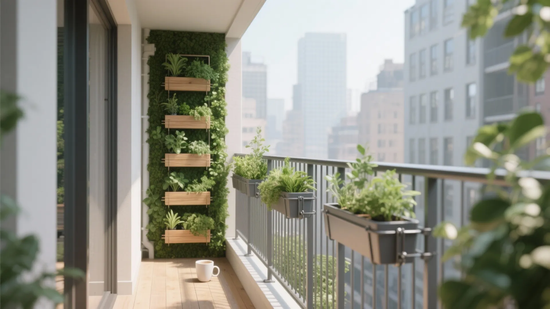 Slim modular vertical planters create a green wall on a narrow balcony.