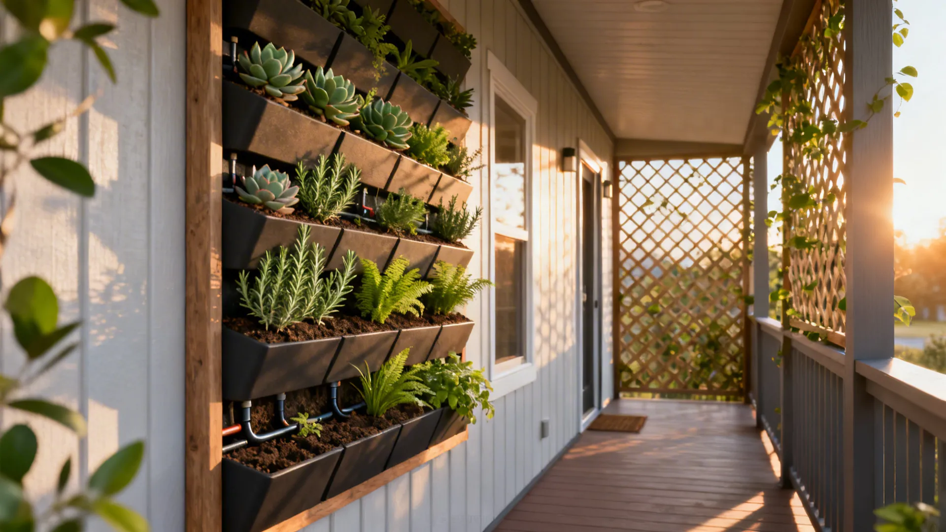 Slim vertical planter wall with pocket planters on a mobile home porch