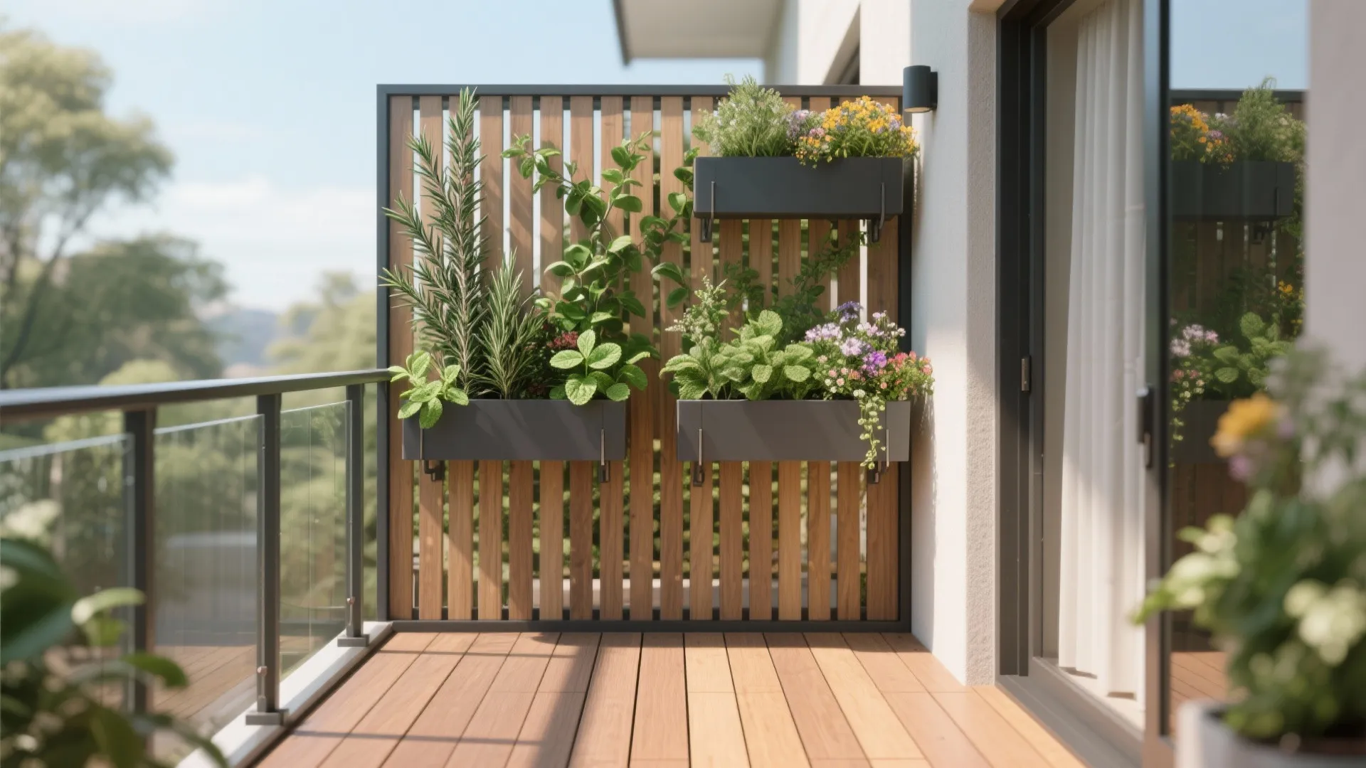 Wooden wall panel on a balcony with hanging black plant boxes and various green plants