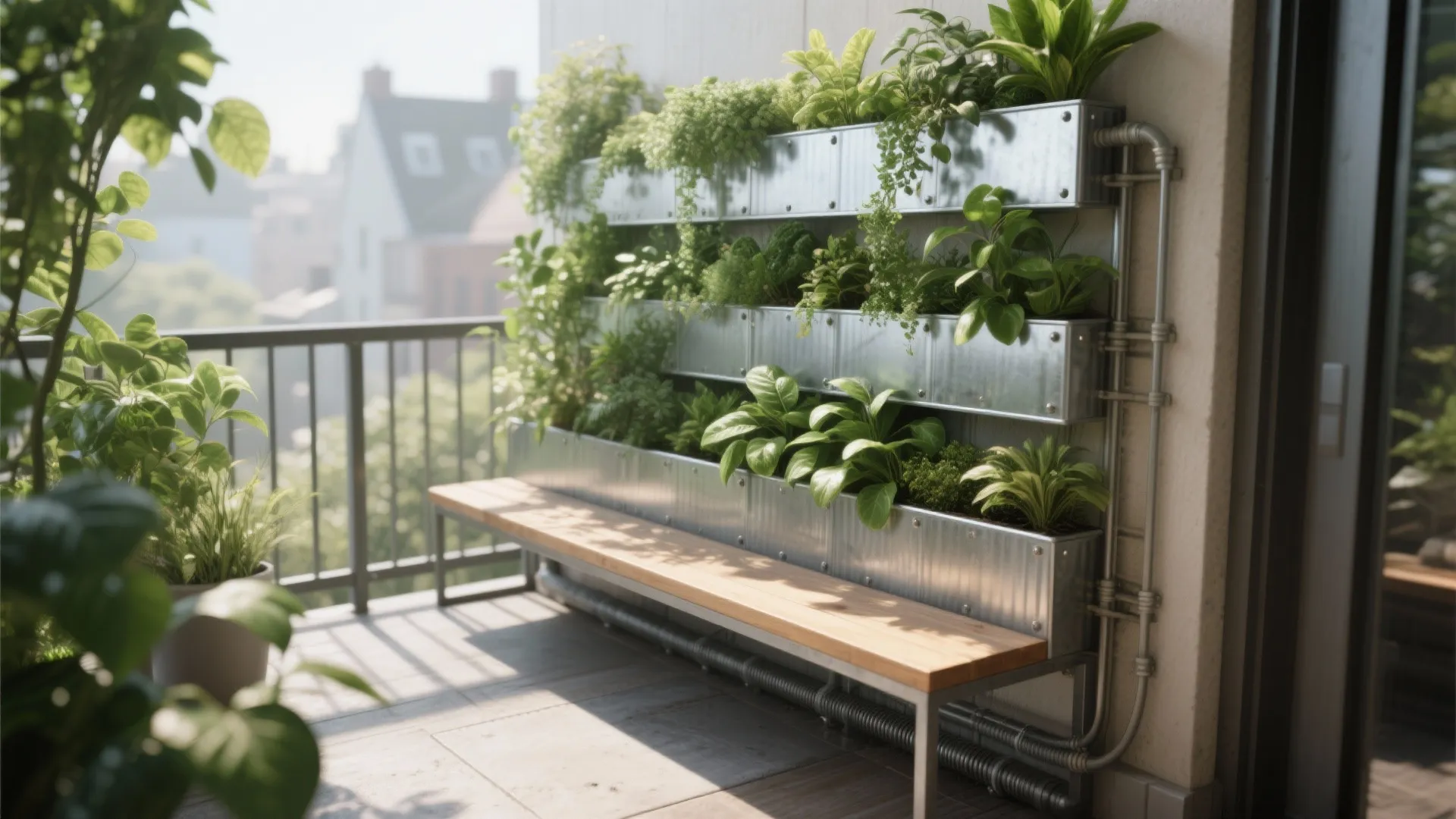 3. Vertical planters paired with slim benches