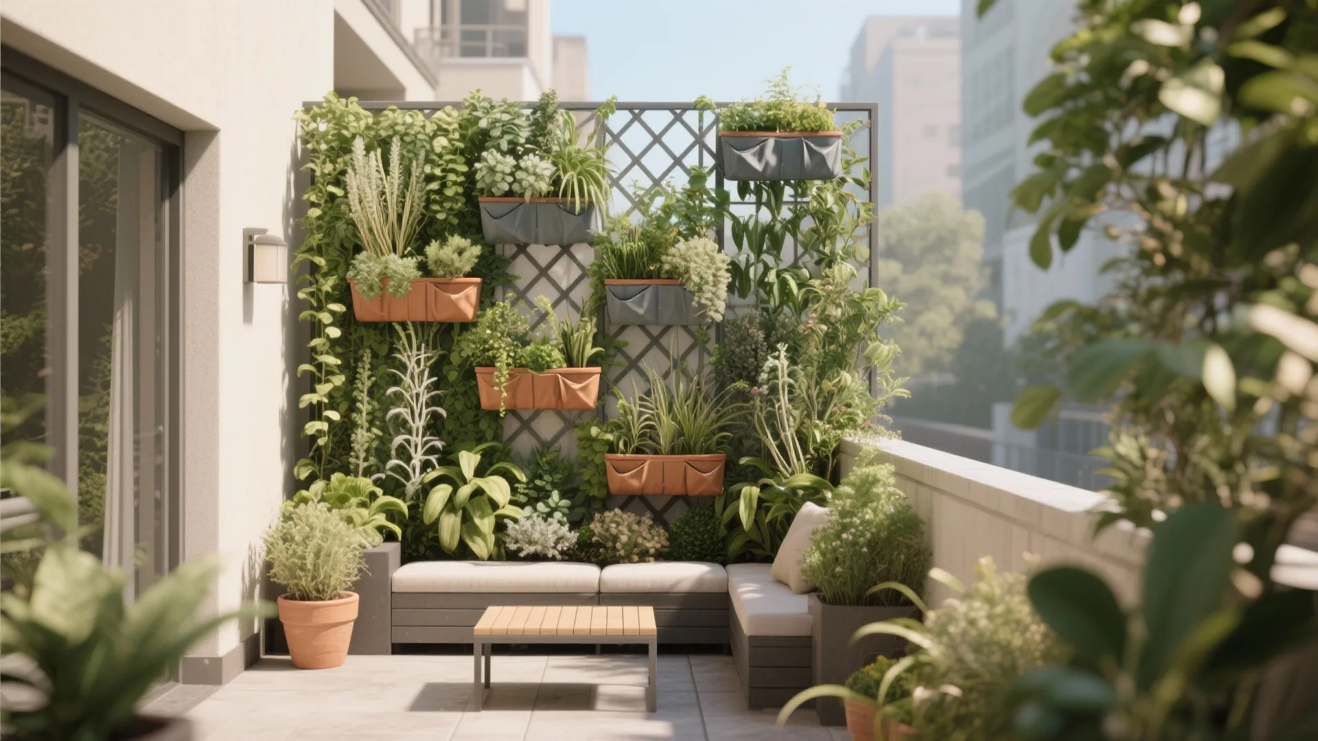 Modern balcony garden with vertical wall planters outdoor seating wood coffee table and various green plants