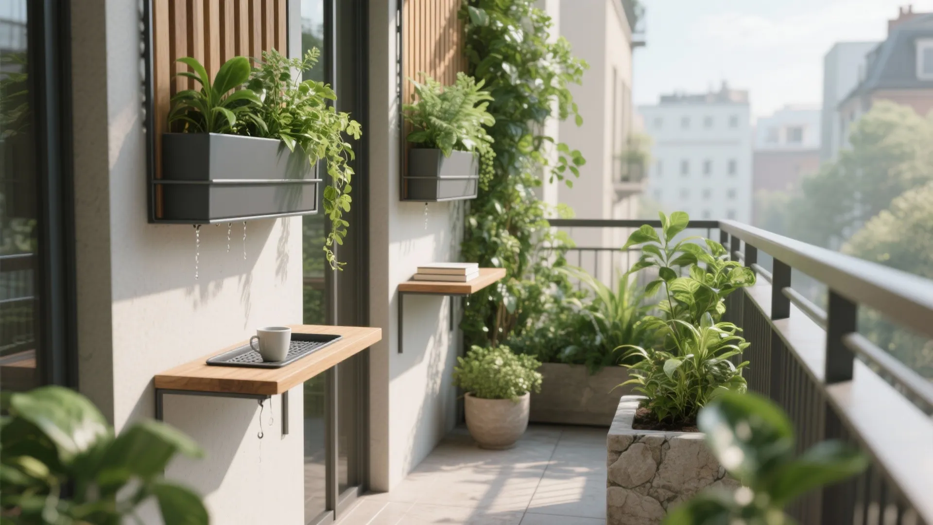 Narrow balcony with wall mounted black plant boxes green plants wooden shelf and stone pot