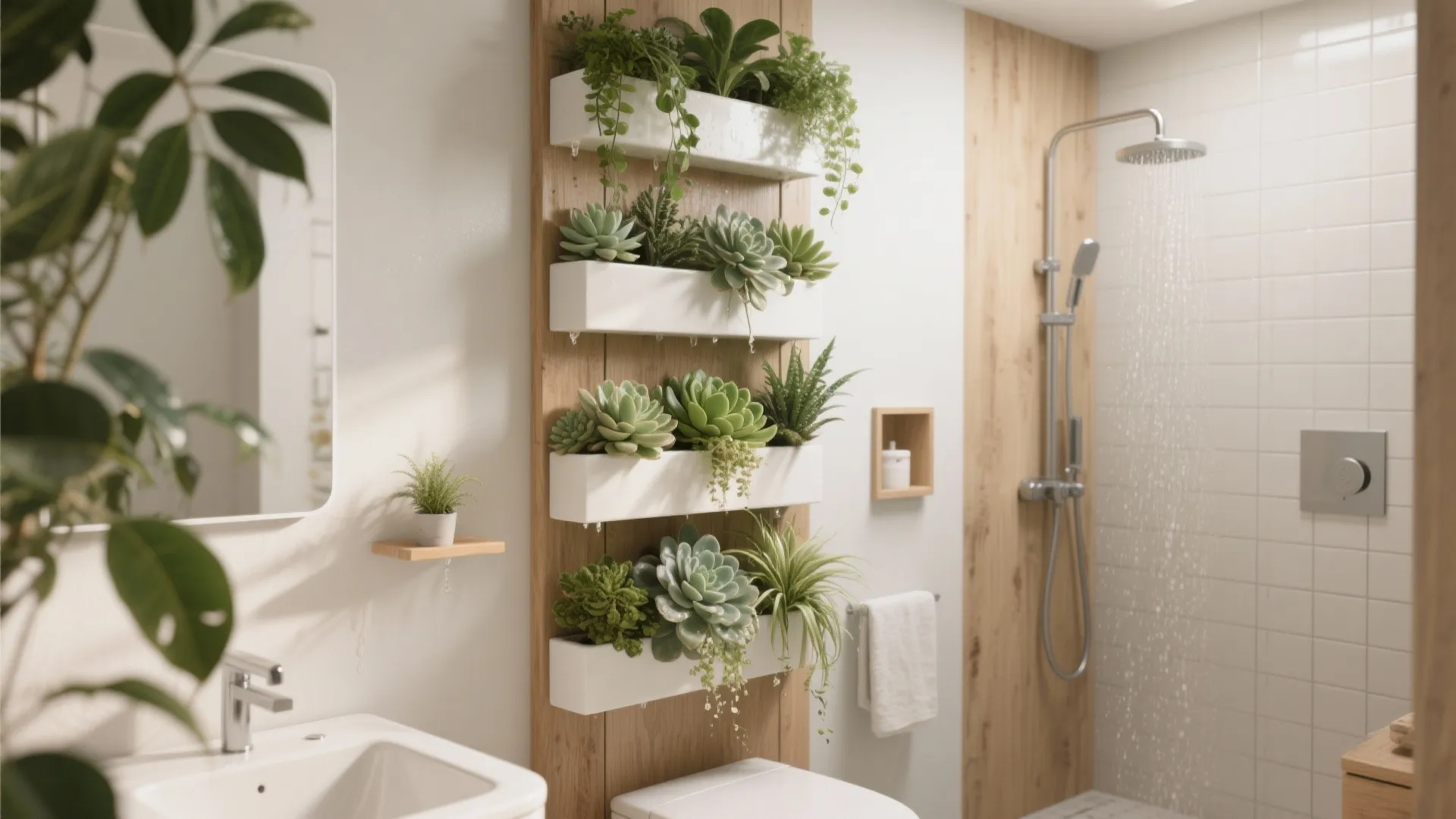 Compact bathroom with a vertical planter wall of succulents and air plants and discreet drip trays for humidity control.