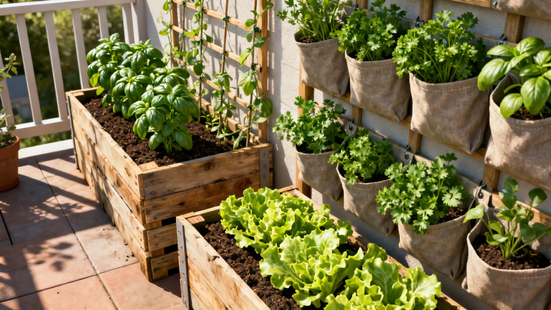 Vertical herb planters and green wall on a compact patio with pallet and fabric systems