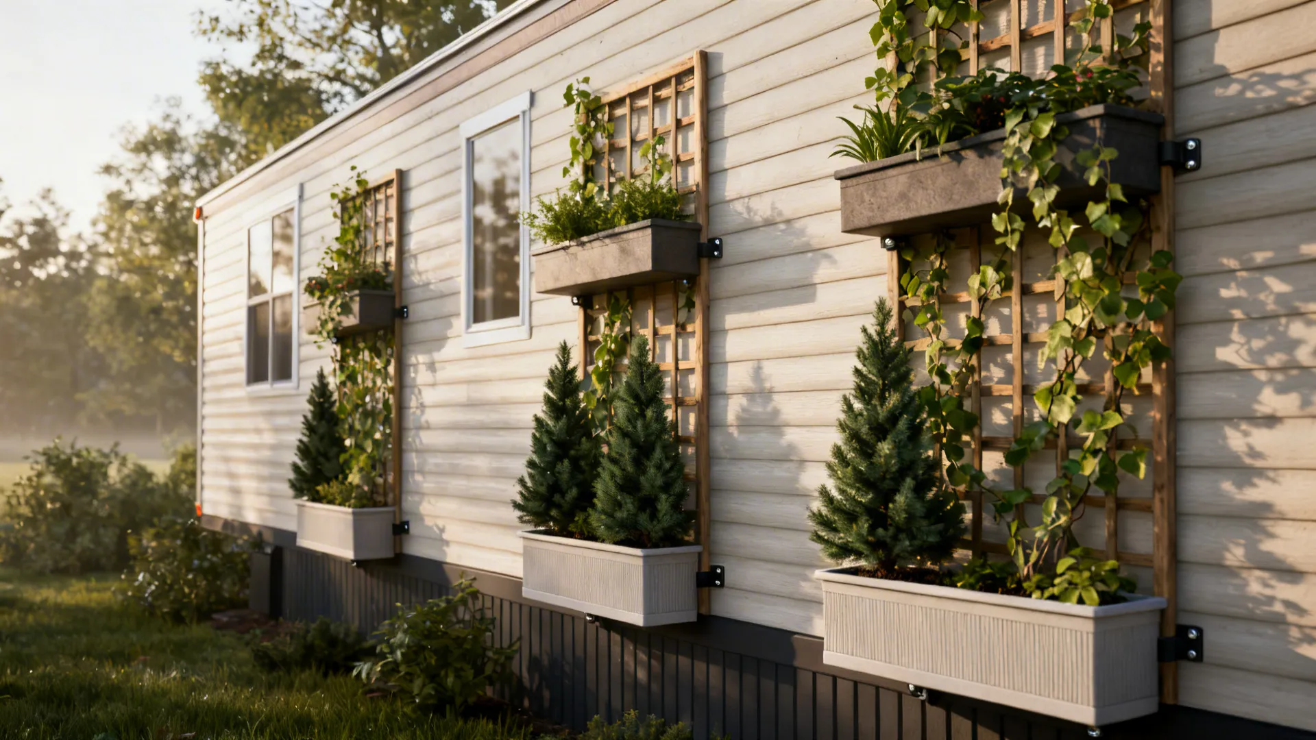 Vertical planters and trellises with climbing vines softening a mobile home wall.