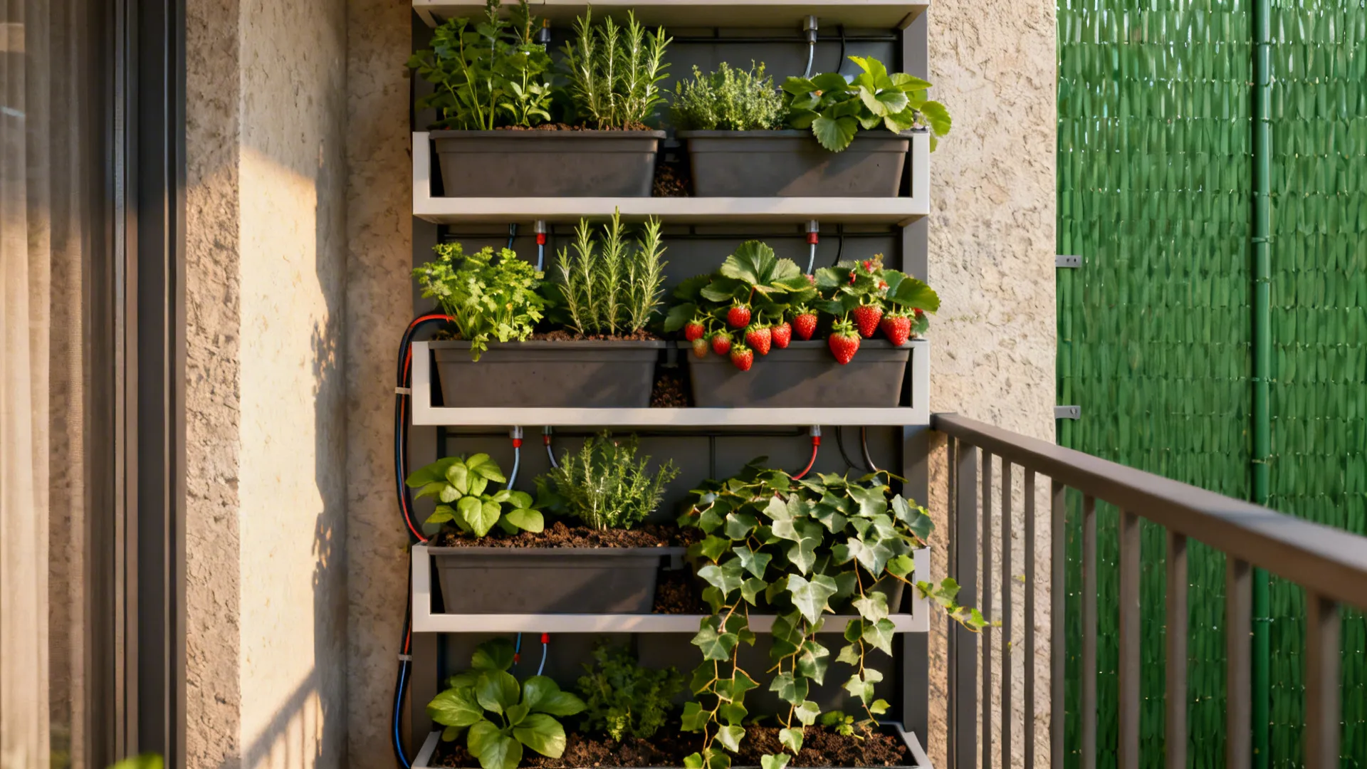 Staggered lightweight vertical planters with herbs and strawberries and a visible drip irrigation line on a small balcony.