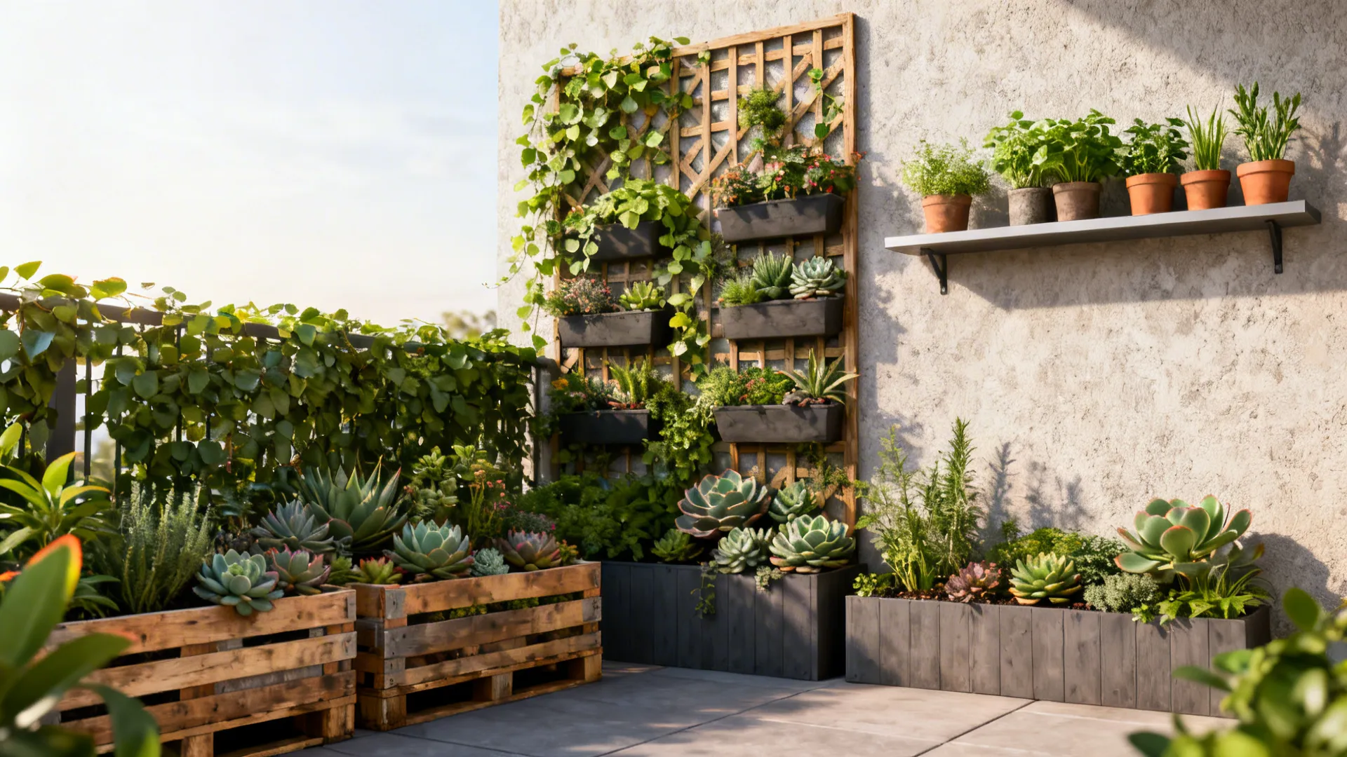 Vertical planters and living wall on a tiny patio providing greenery and privacy.
