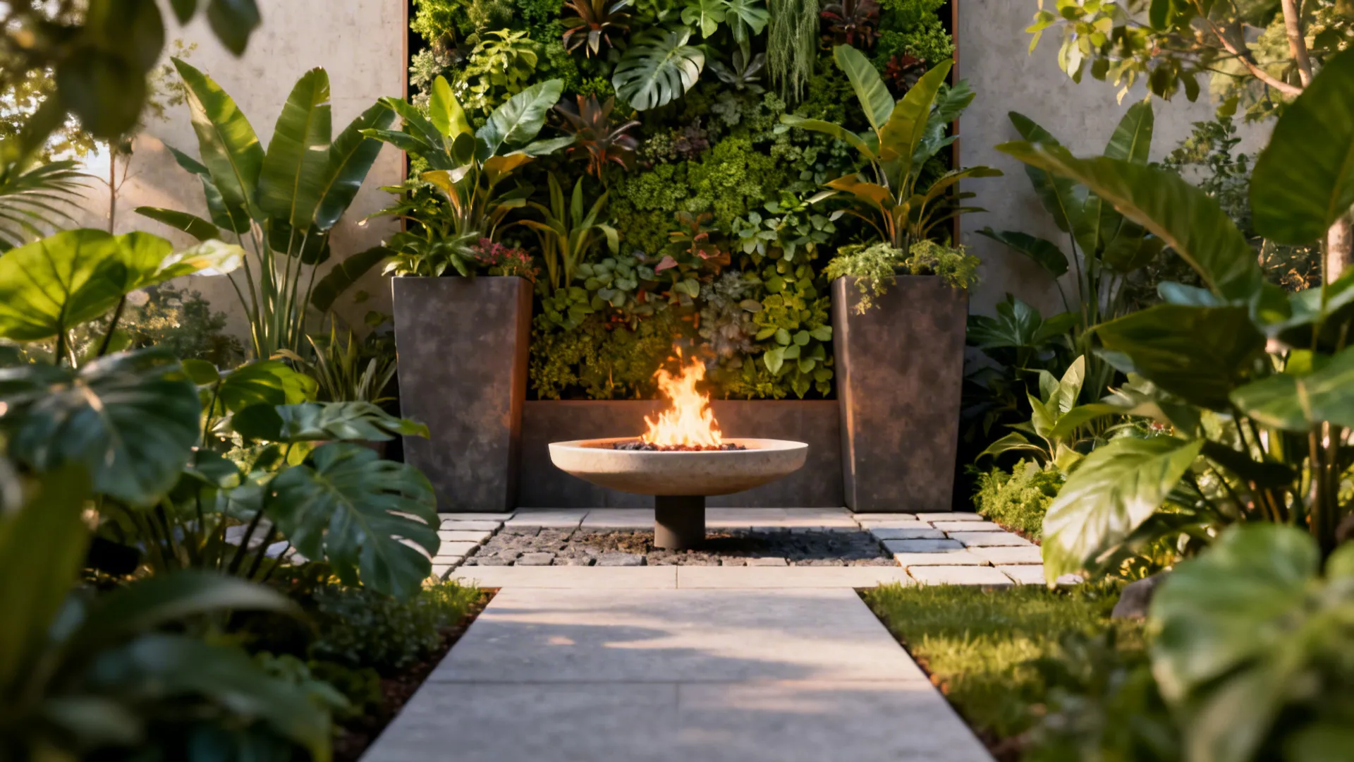 Floating fire pit zone framed by vertical planters and a living wall in a compact yard.