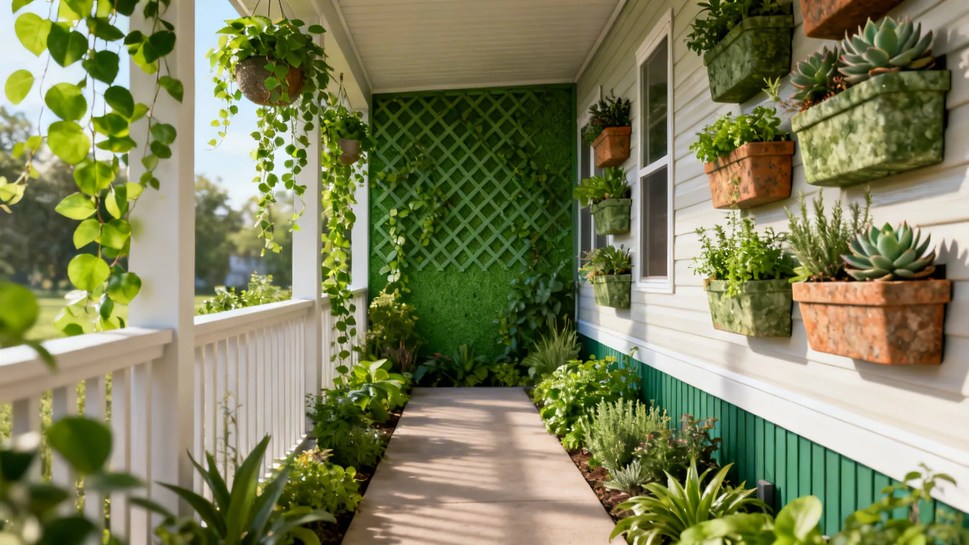 White porch with hanging green plants vertical wall planters and a green lattice wall garden