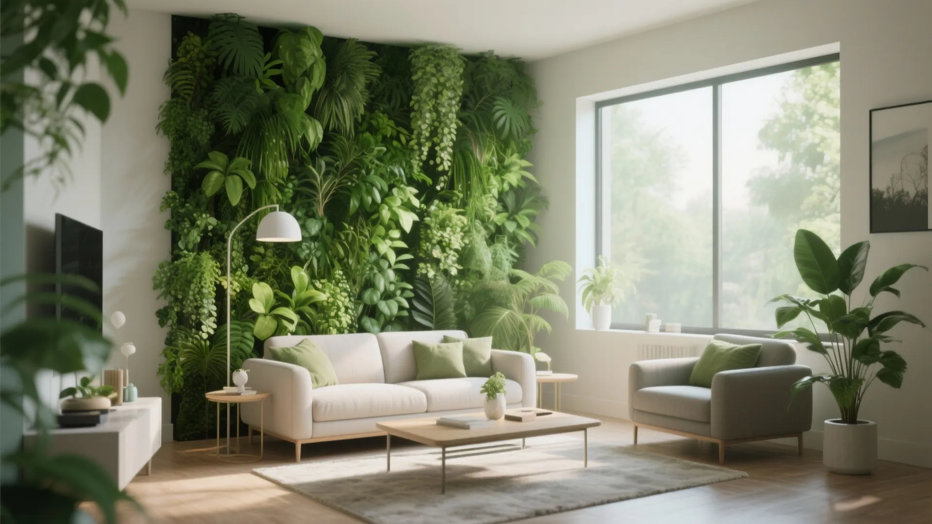 Modern living room featuring lush vertical plant wall behind a white sofa and coffee table
