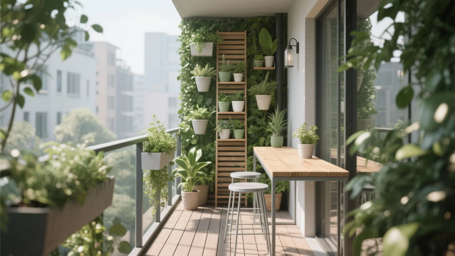 Small apartment balcony with many green potted plants on a wooden wall and tall metal stools