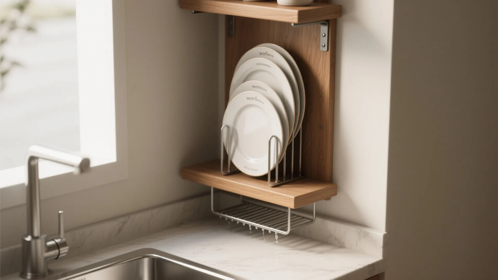 5. Vertical plate organizer on a narrow shelf