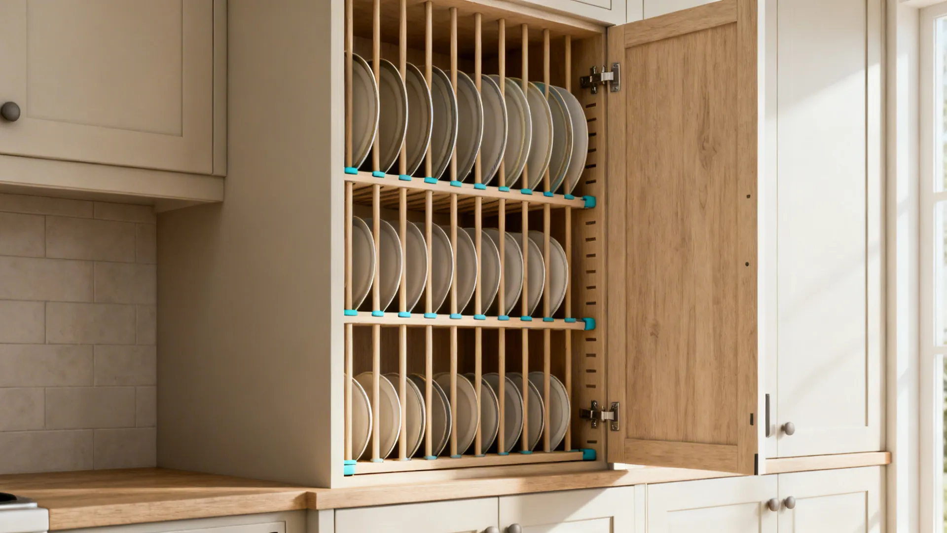 Full-height narrow cabinet with vertical plate slots and silicone stops for upright storage.