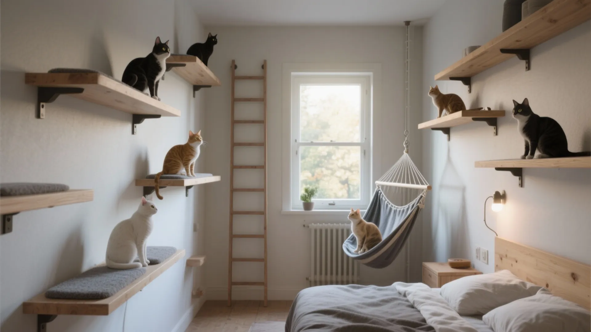 Bedroom with wall shelves for cats hanging hammock ladder wooden bed and natural window light
