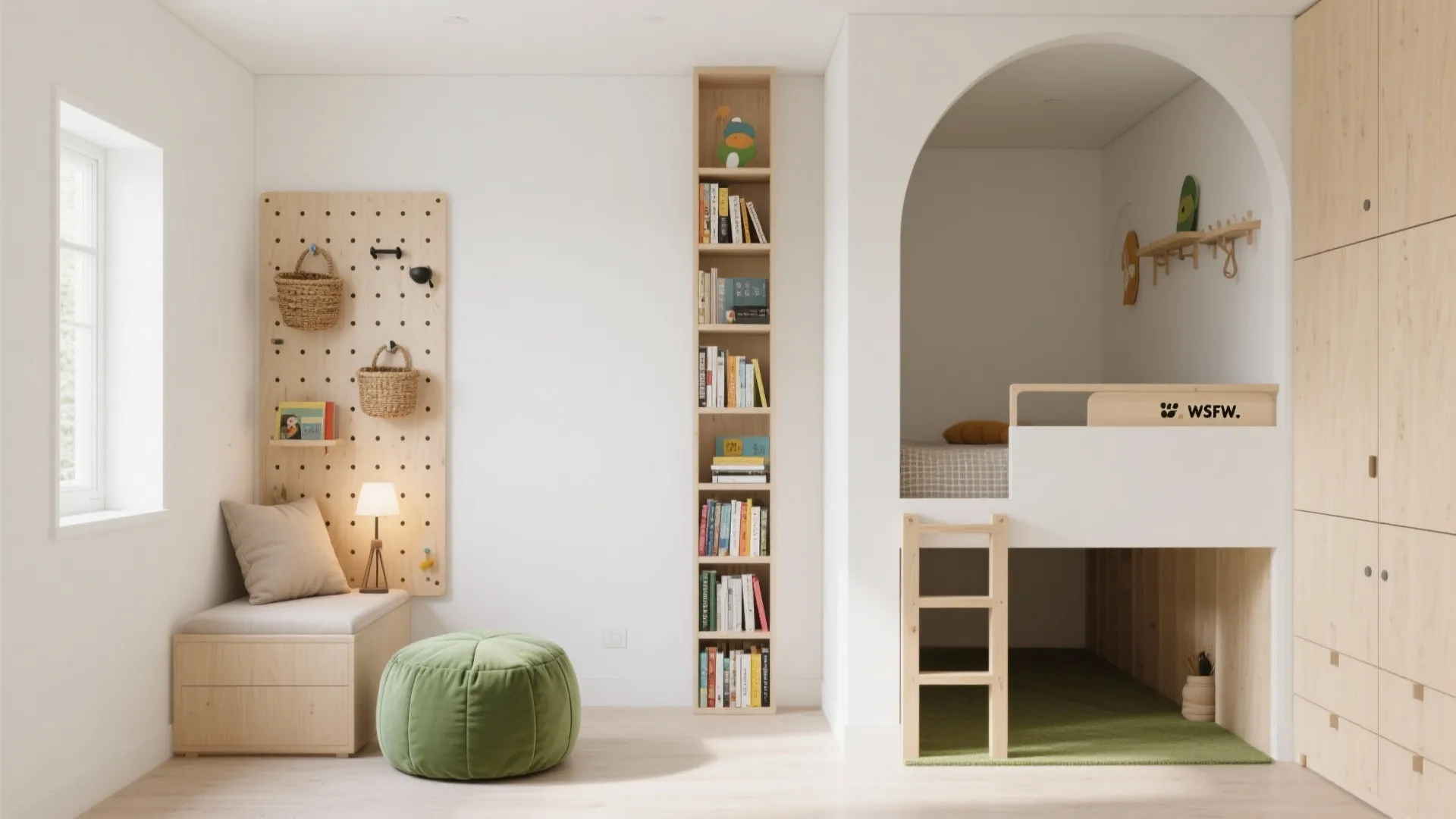 Modern kids room with bunk bed bookshelf pegboard green footrest and white walls with arch detail