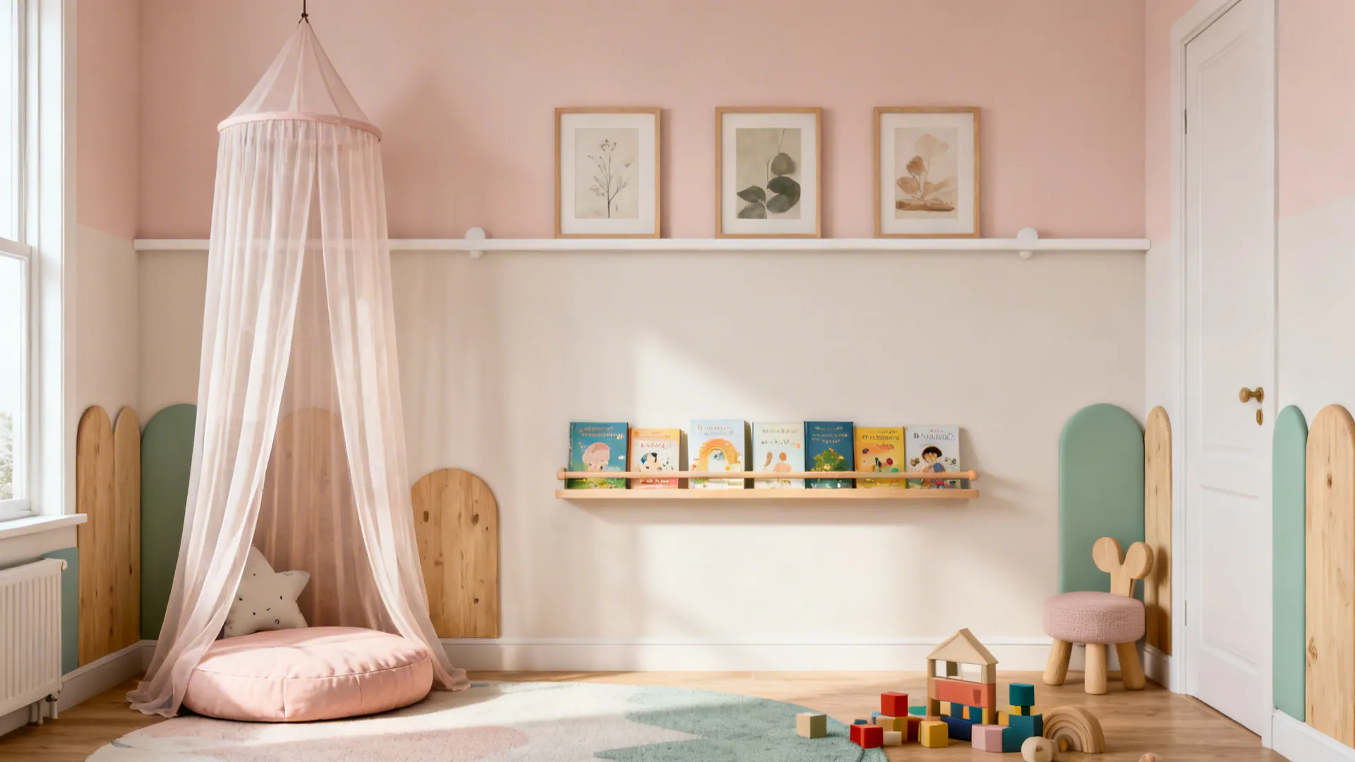 Small canopy corner with toddler-height book ledges and a picture rail in a soft pastel palette.