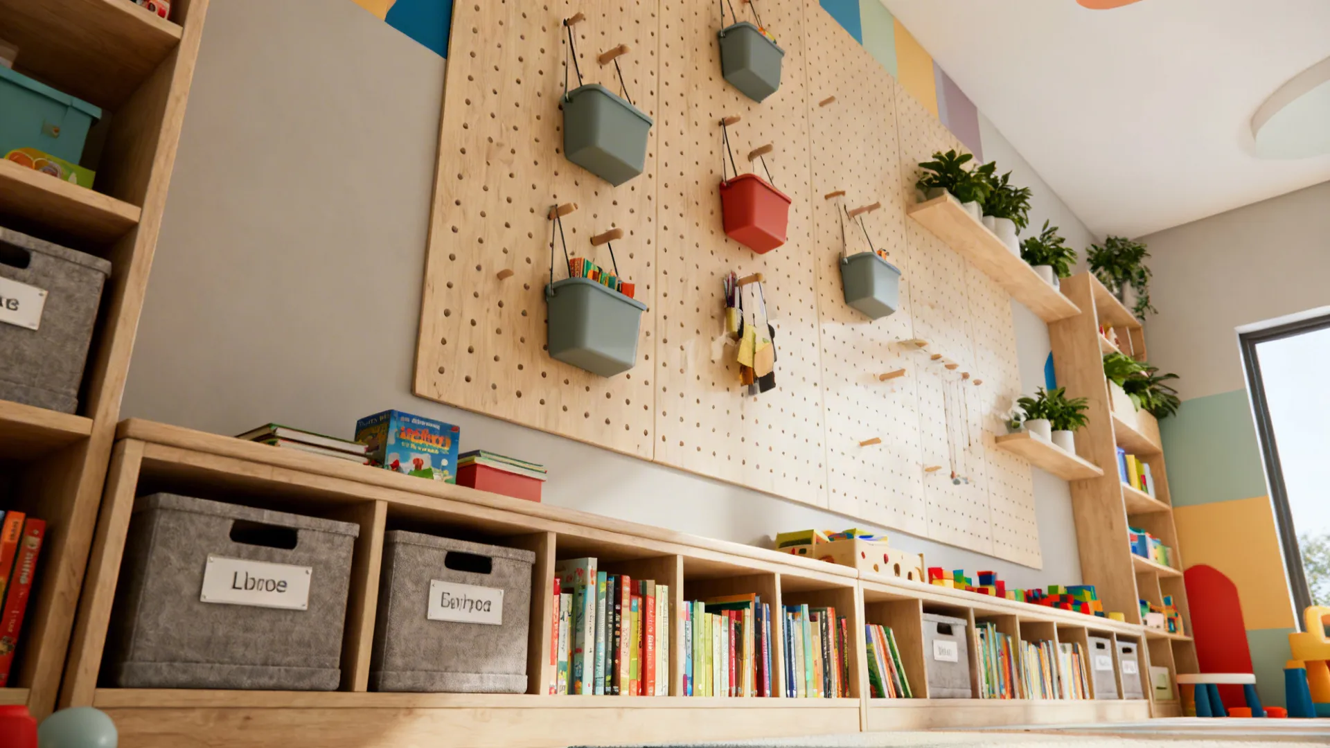 2. Vertical play zones with wall-mounted organizers