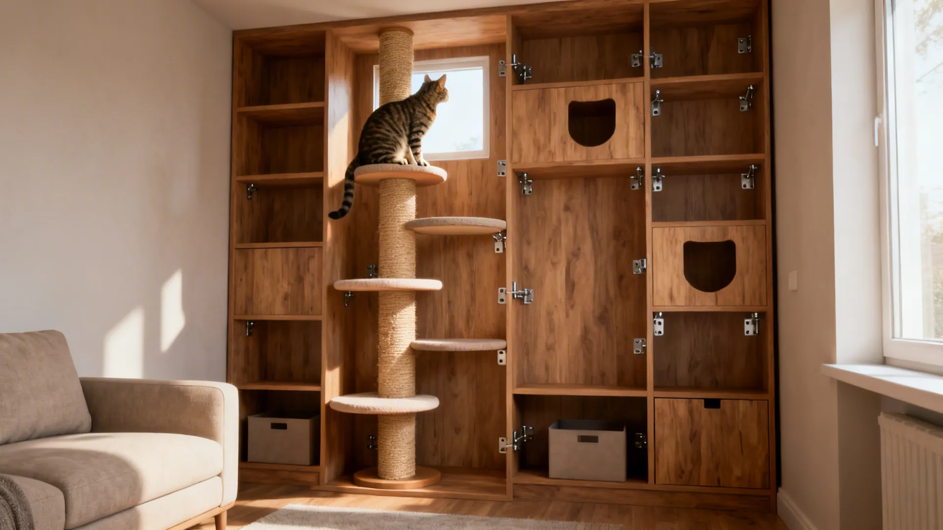 Floor-to-ceiling shelving with integrated cat perches and sisal posts in a small room.