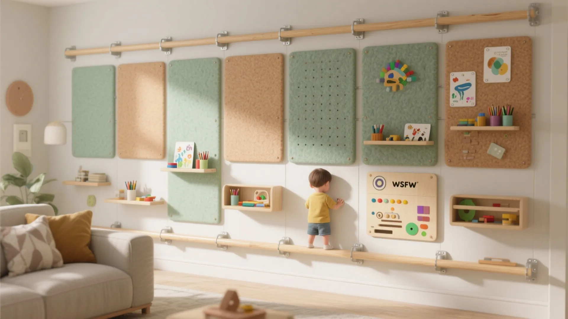 Small child standing by playroom wall with green panels wooden rails shelves and activity boards