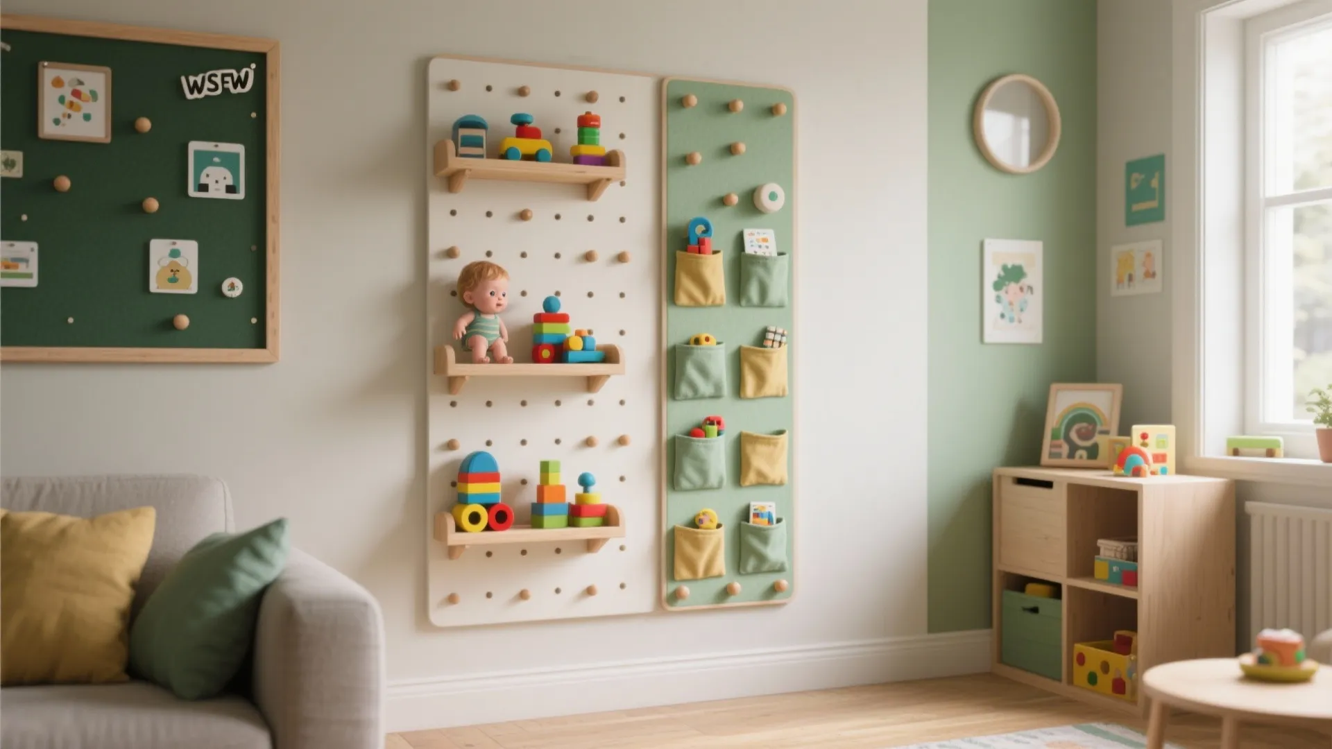 Wooden wall pegboard with colorful toy shelves and hanging fabric pockets in a bright playroom