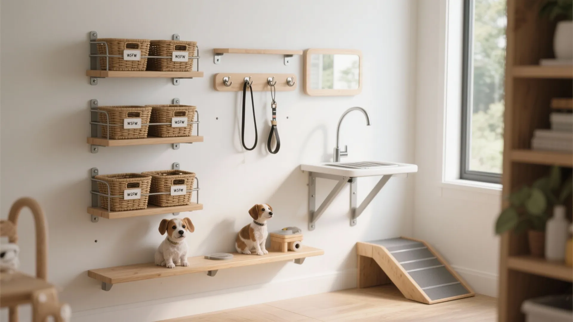 Pet wall organization with storage baskets wooden shelves a small sink and a mini dog ramp