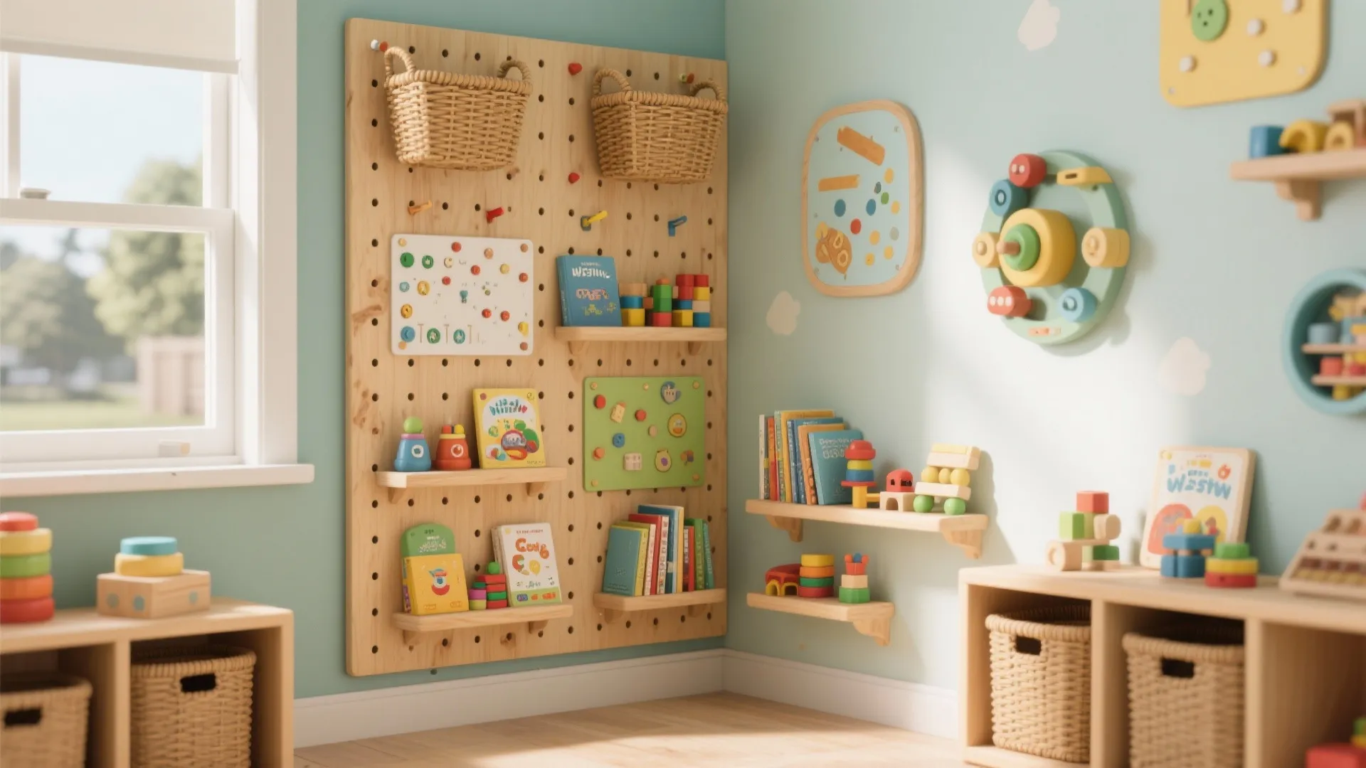 Pegboard vertical play wall with baskets, clip-on activities, and low shelves.