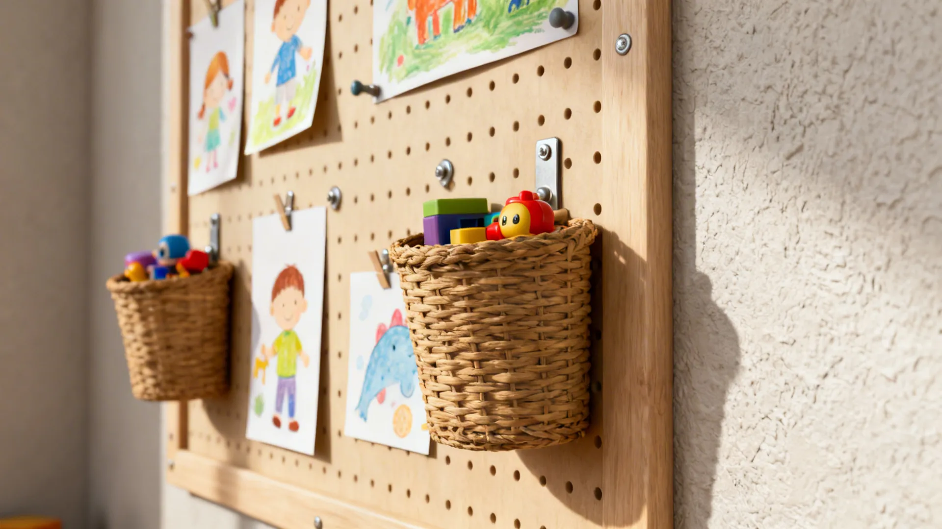 Pegboard and magnetic art wall with wall-mounted baskets holding toys at child height.
