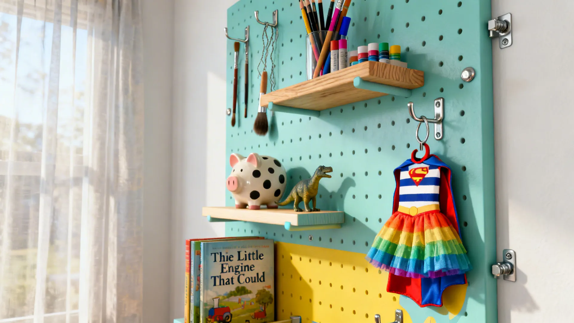 Close-up of pegboard, floating shelves and mural hooks used for vertical play and display in a kids' room.