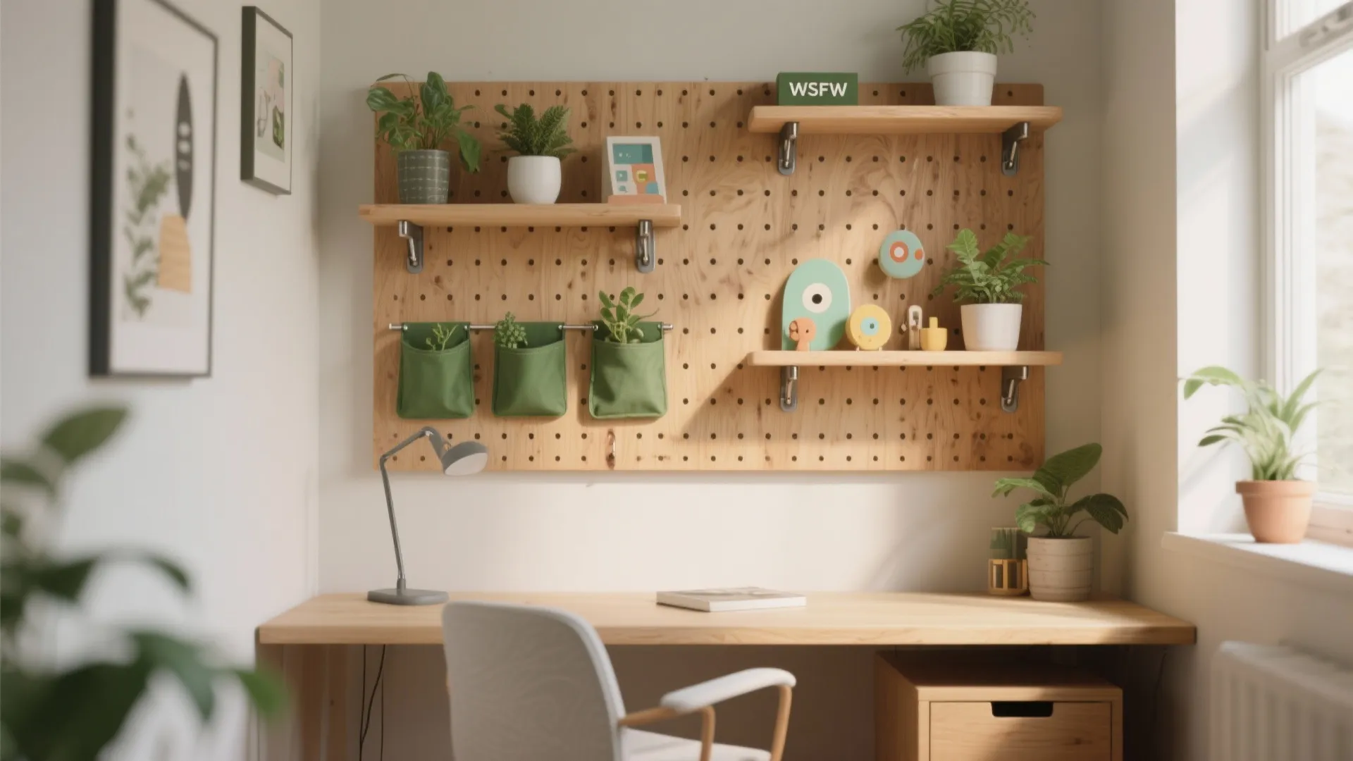 Modern home office with wall panel organizer wooden desk white chair and green indoor plants