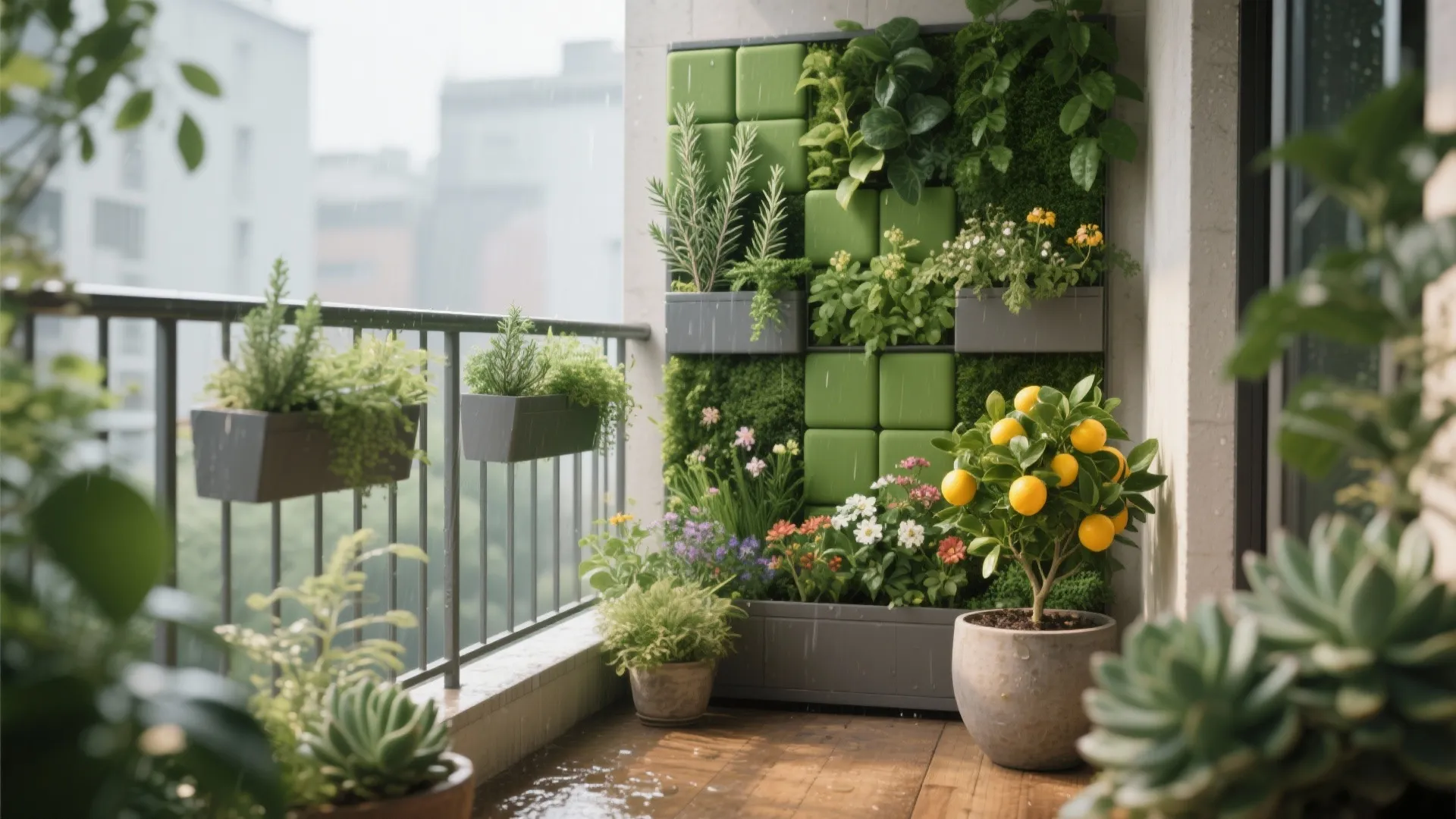 2) Green pocket garden: vertical planters, rail boxes, and pollinator-friendly blooms
