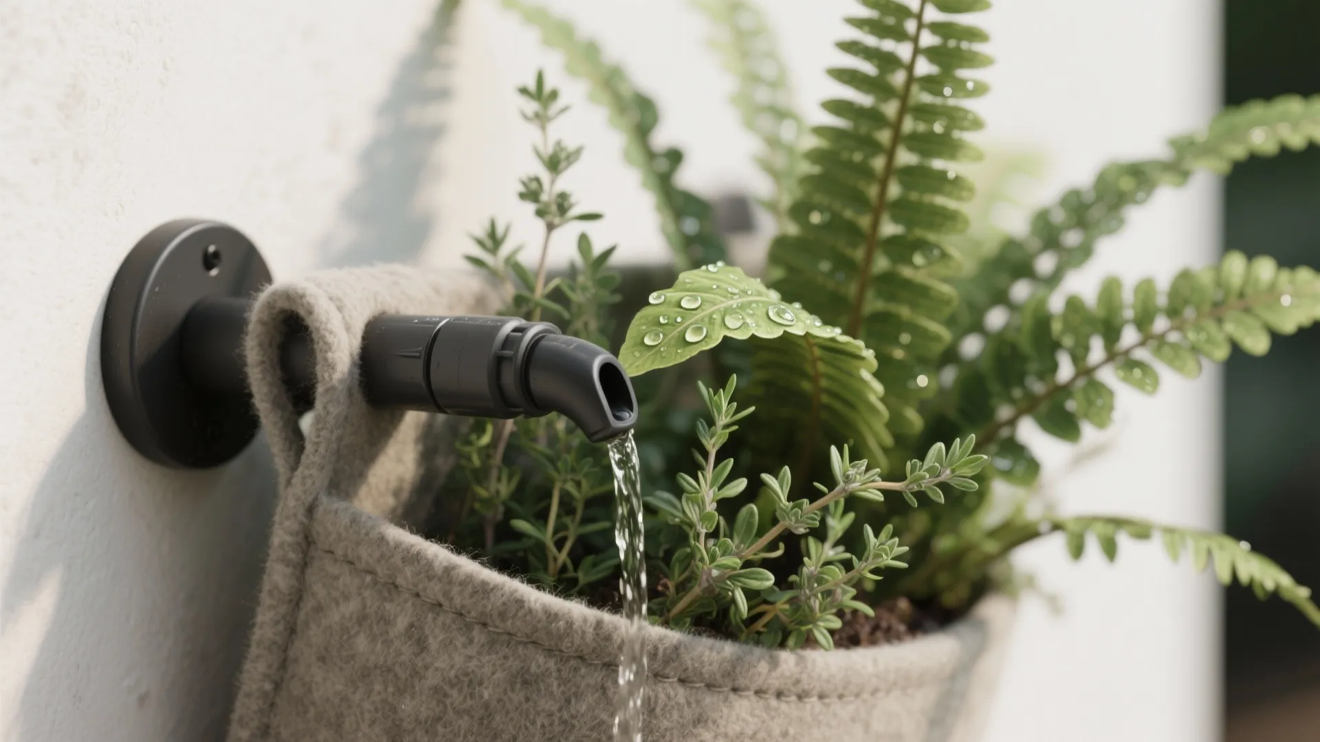 Macro of vertical planter pocket with ferns, thyme, and a drip emitter with dew on leaves.
