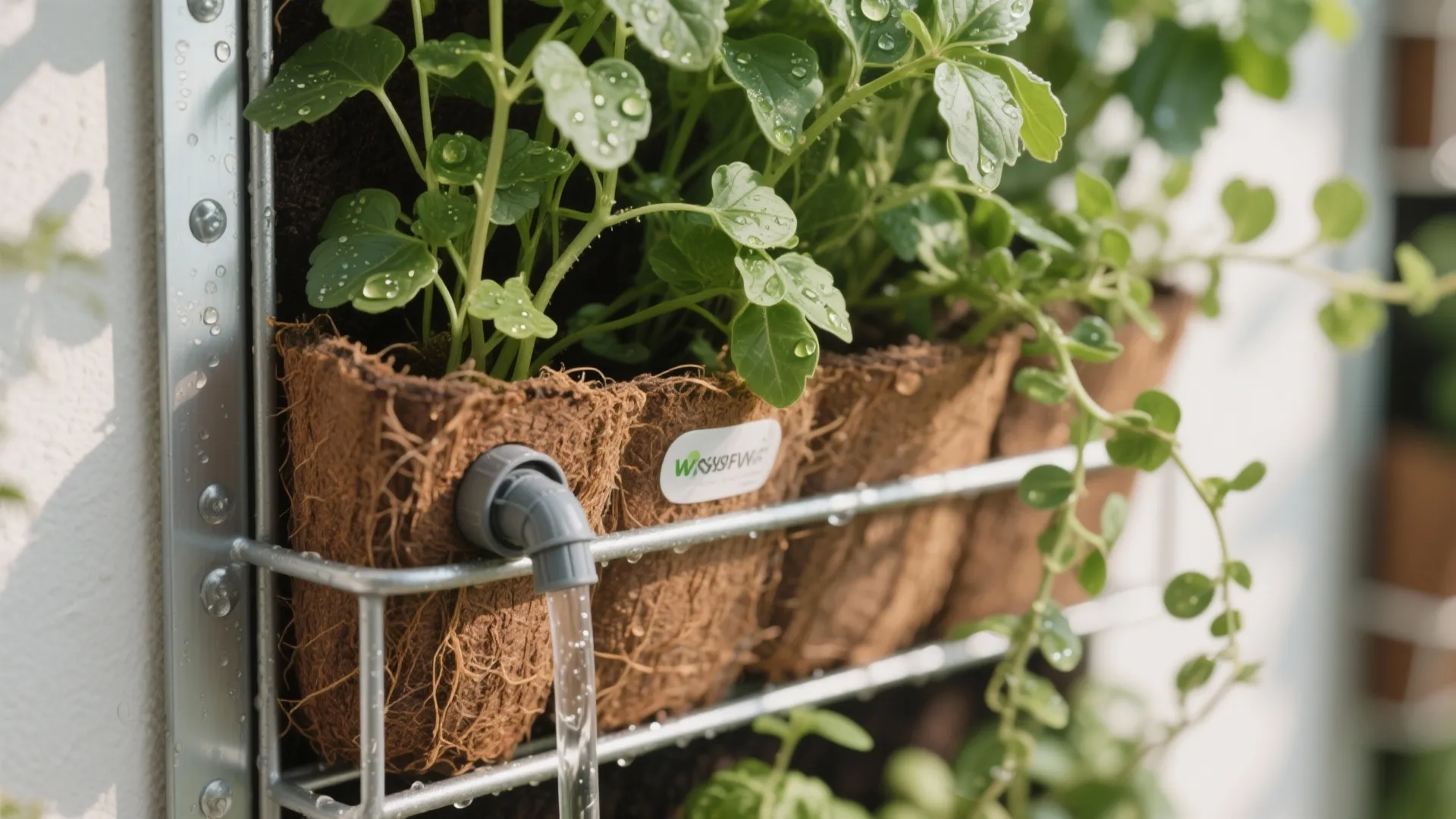 Close up of vertical garden with green plants in brown fiber pockets and water pipe
