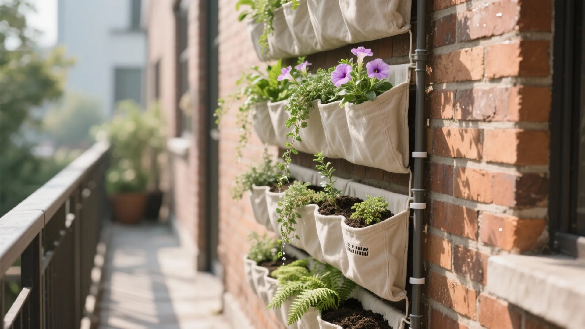 Vertical garden with fabric wall pockets hanging on a brick balcony wall holding green leafy plants