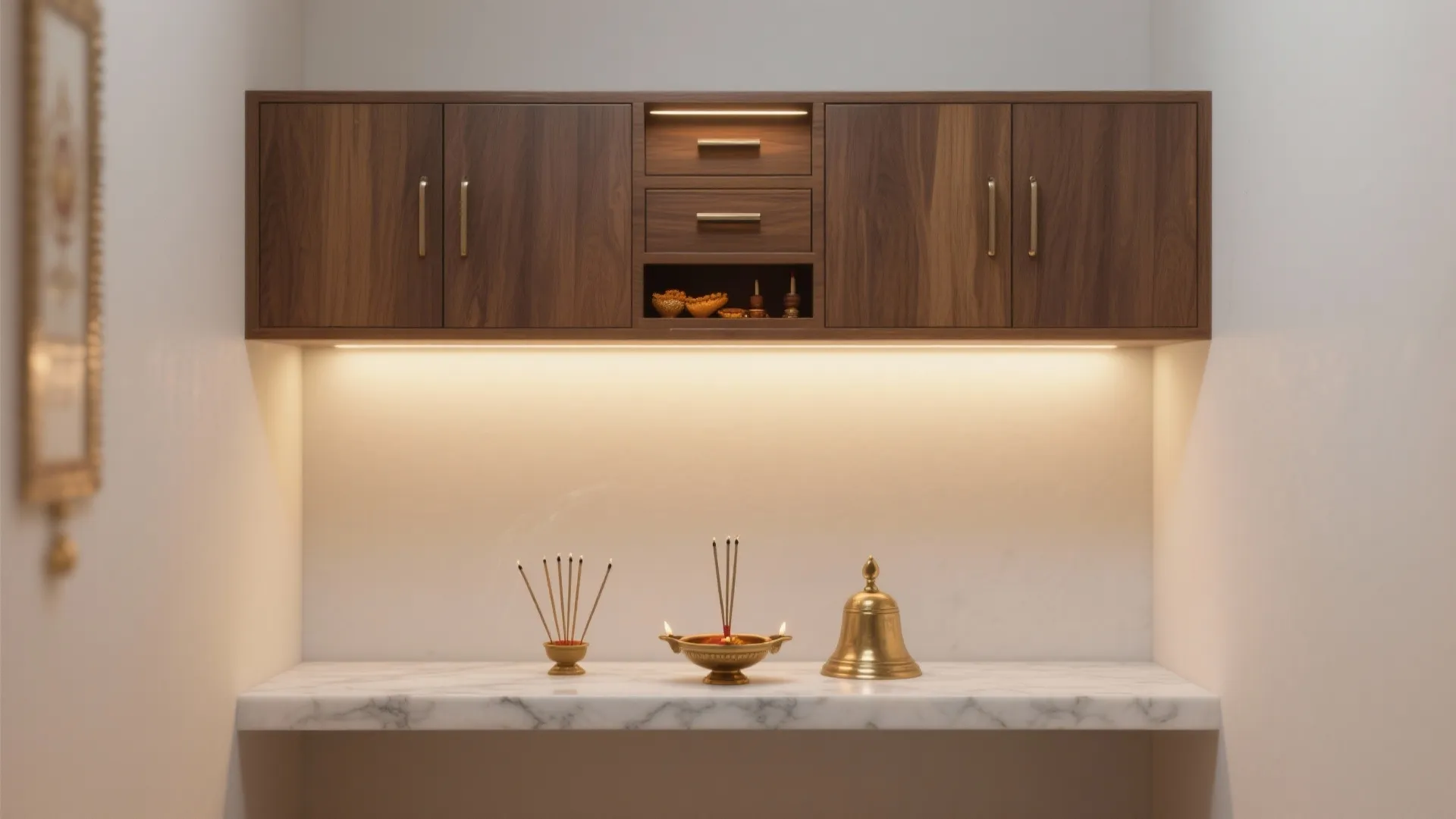 Modern wood cabinet above white marble counter with incense sticks and small gold bell decor