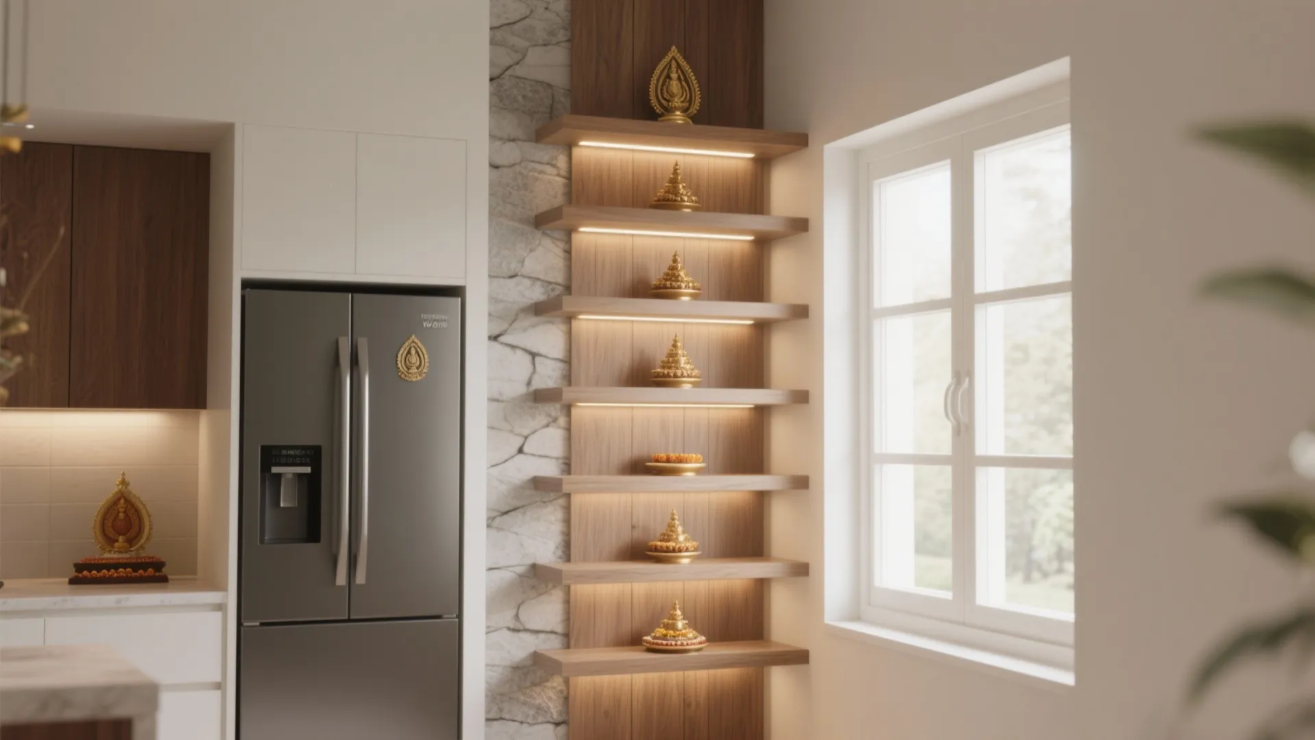 4) Vertical Pooja Tower: Floating Shelves, Calm Lighting, Zero Footprint