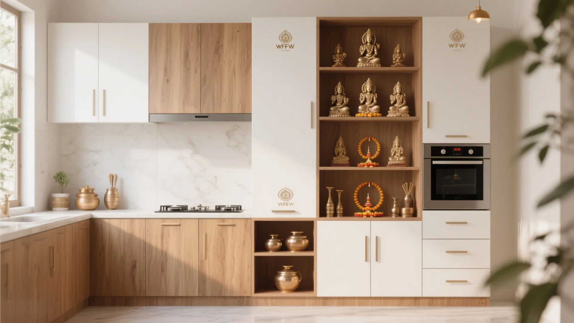 Tall kitchen unit with shelves for pooja and storage below