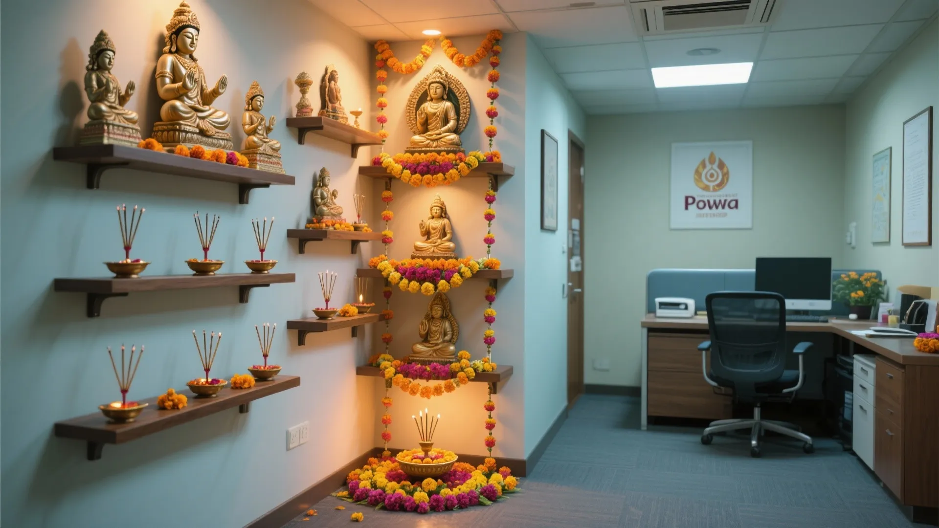 Vertical wall-mounted Pooja decor arrangement in a small office space
