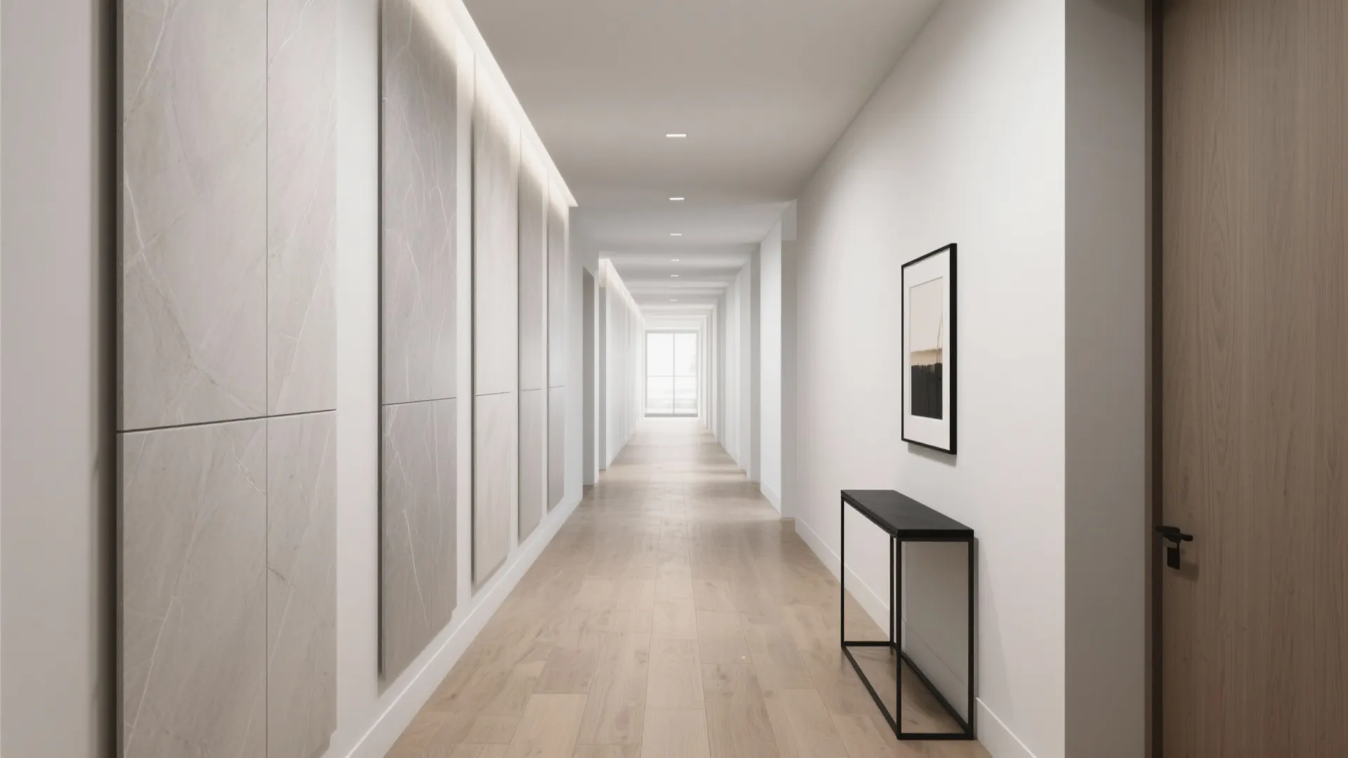 Long modern hallway with white walls wooden flooring grey wall panels black table and framed art