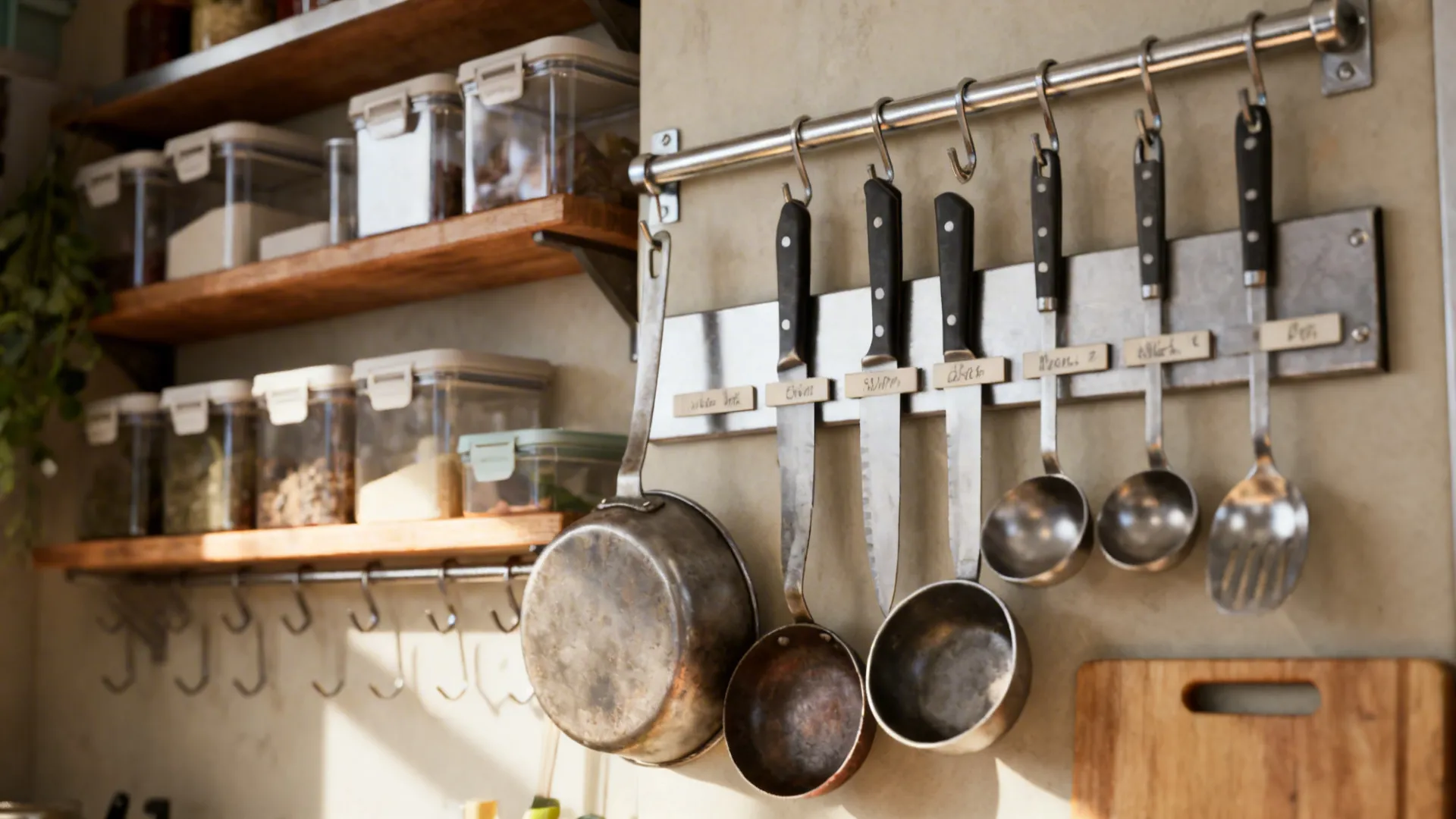 Wall-mounted rails and magnetic strips holding knives, pans and utensils above a prep counter.