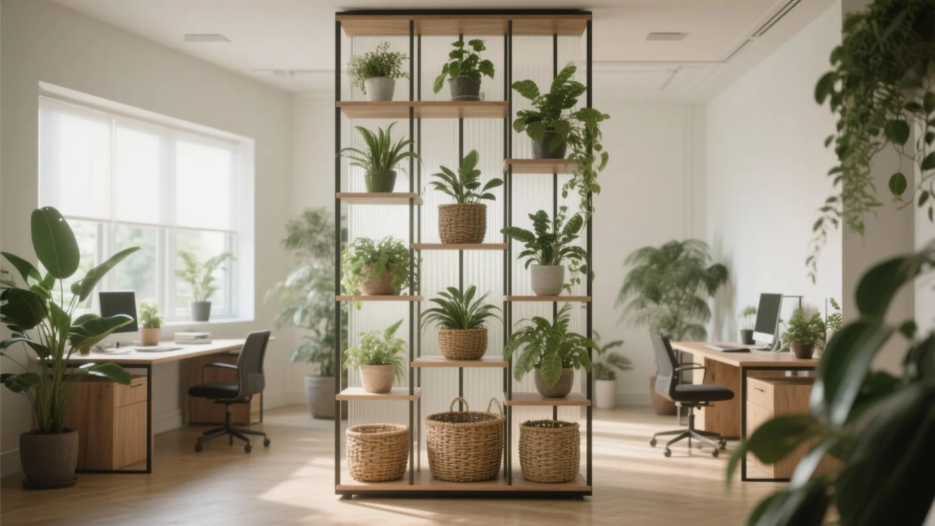 Vertical Privacy with Open Shelves and Plants