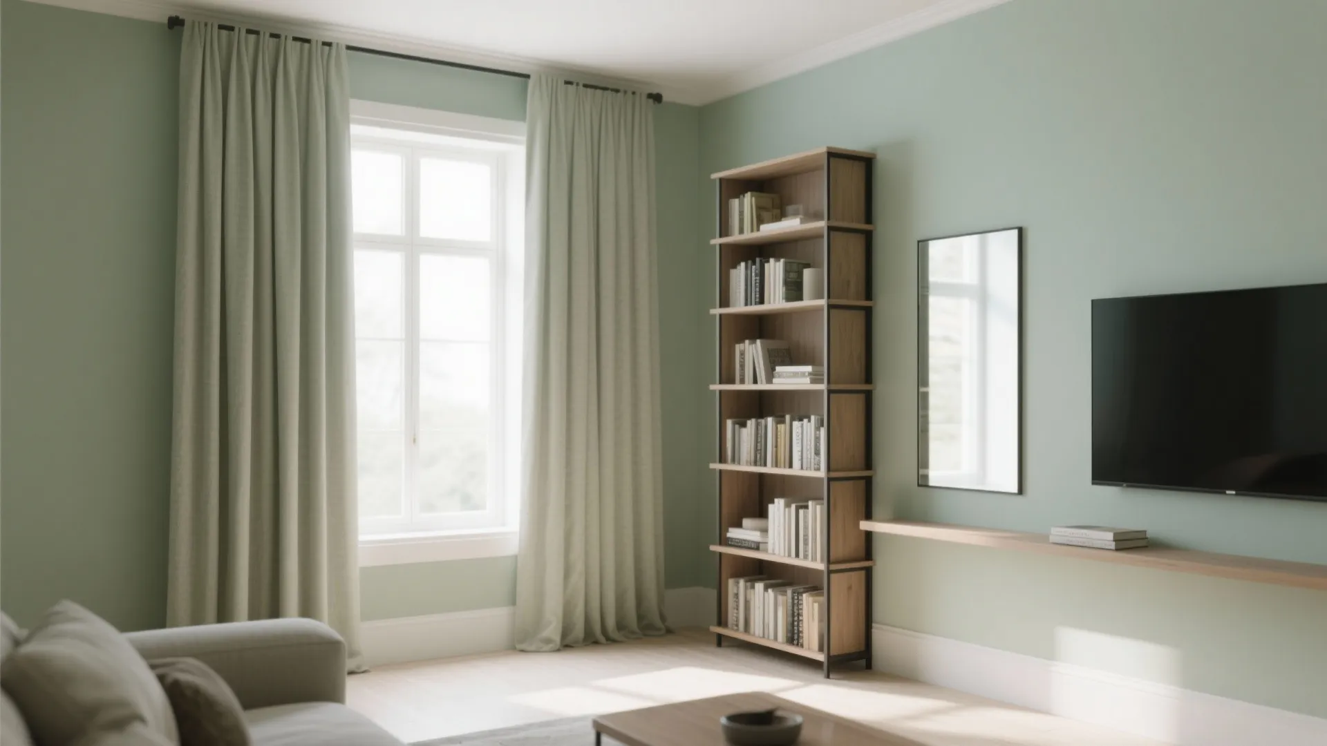 Interior design drawing with green walls wooden bookshelf large window light green curtain and flat television
