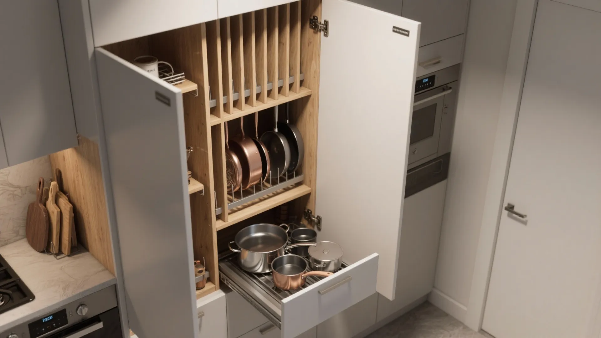 Top-down view of tall cabinets with vertical dividers and a pull-down shelf storing pans
