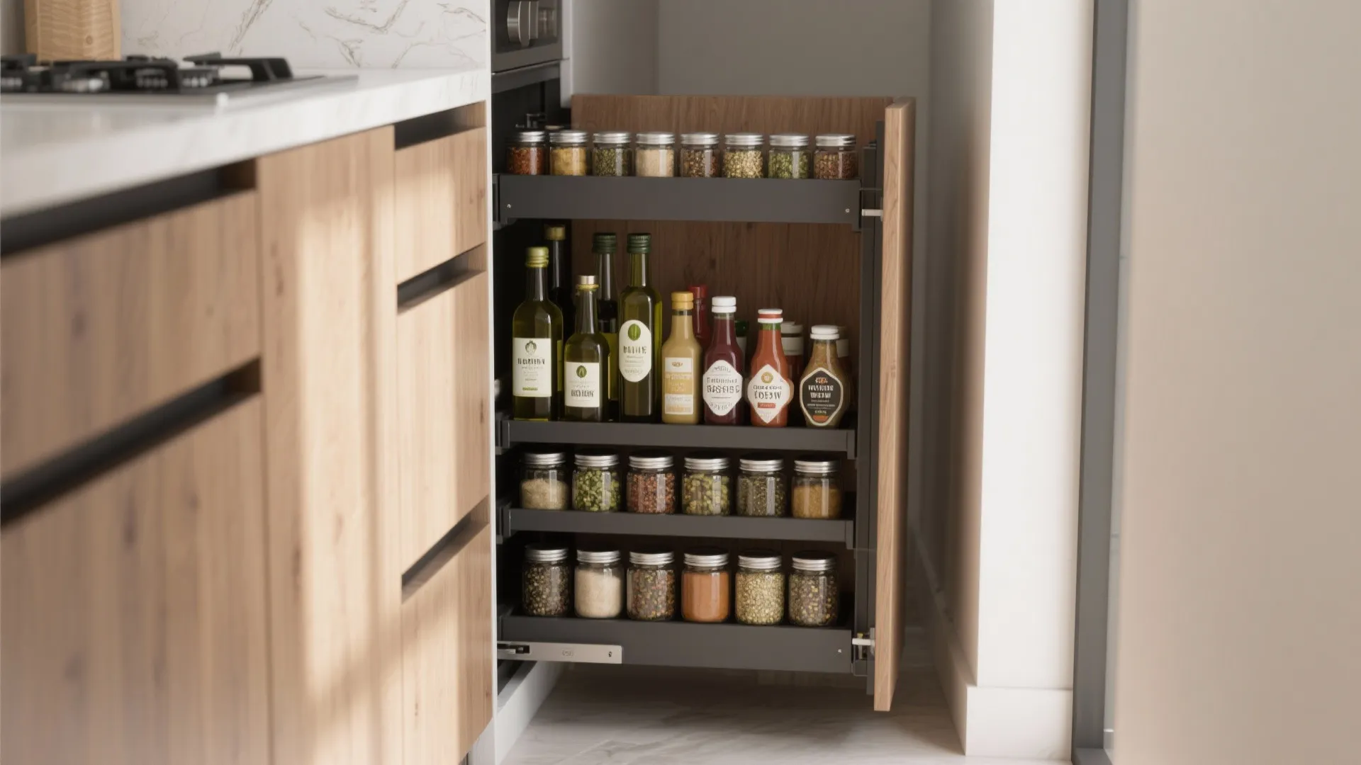 1. Vertical pull-out pantries and slim storage towers