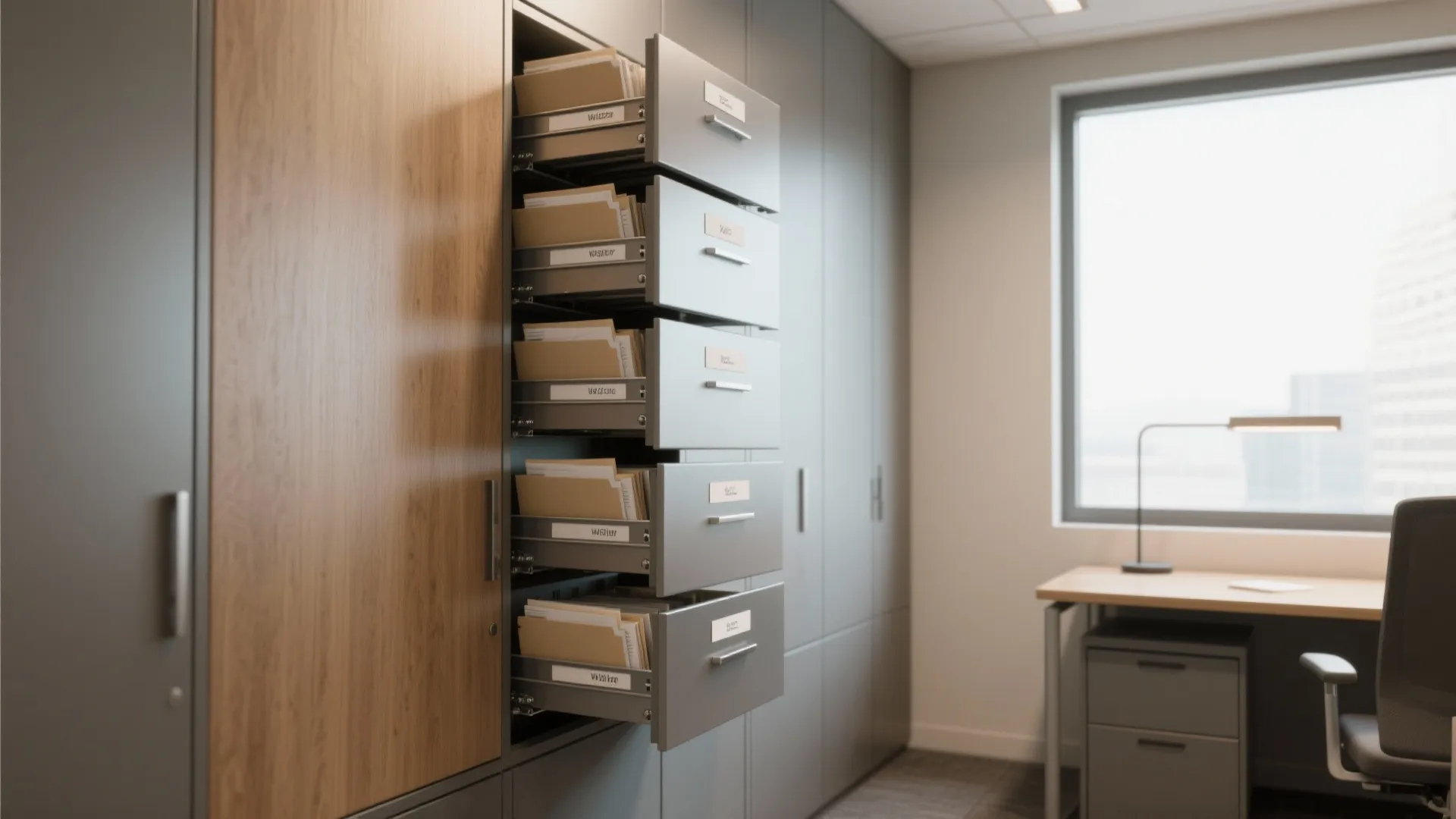Narrow office corner with tall vertical pull-out file drawers extended, showing labeled folders and efficient vertical storage.