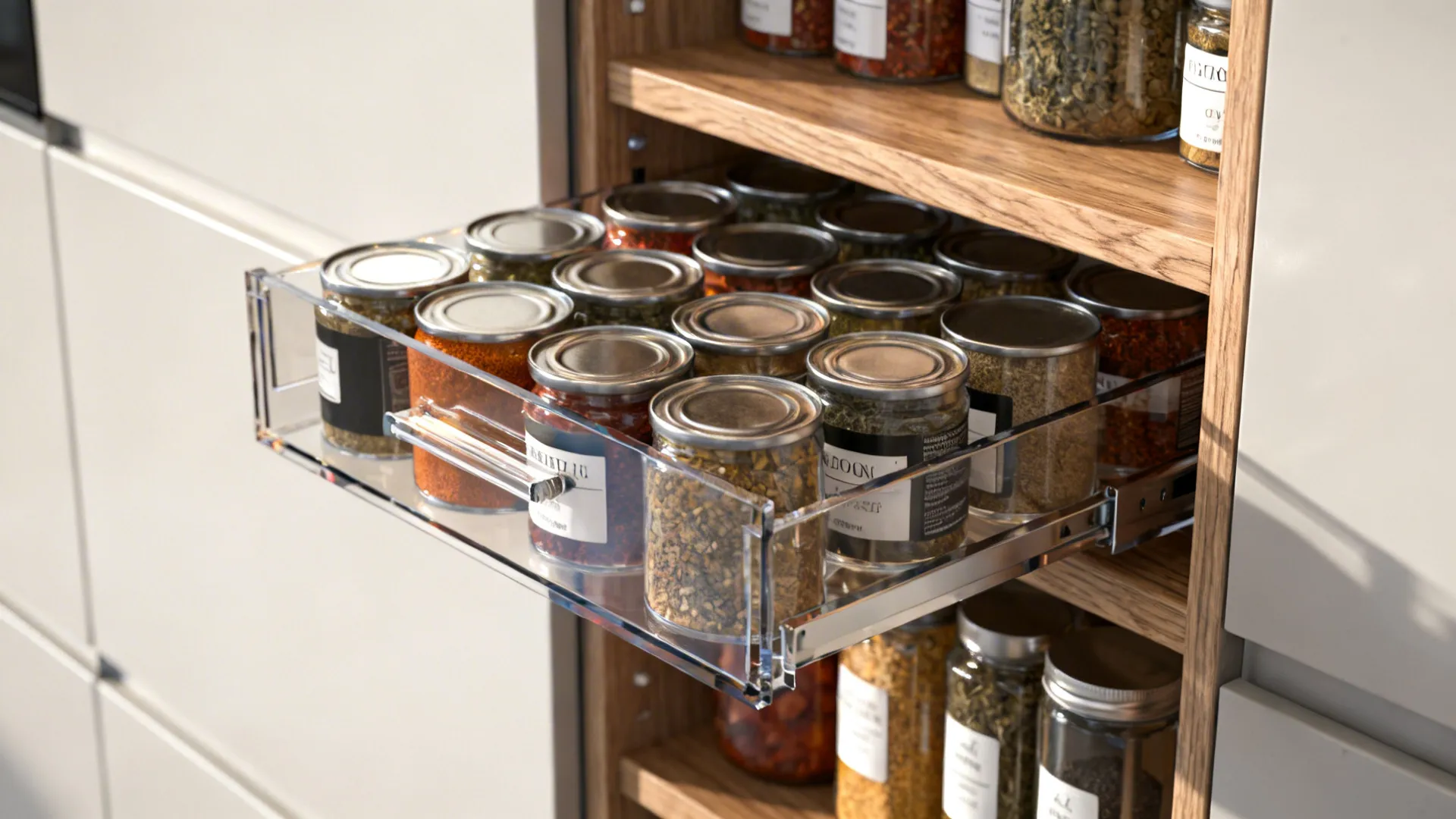 Close-up of narrow vertical pull-out drawers with acrylic fronts showing organized cans and spices.