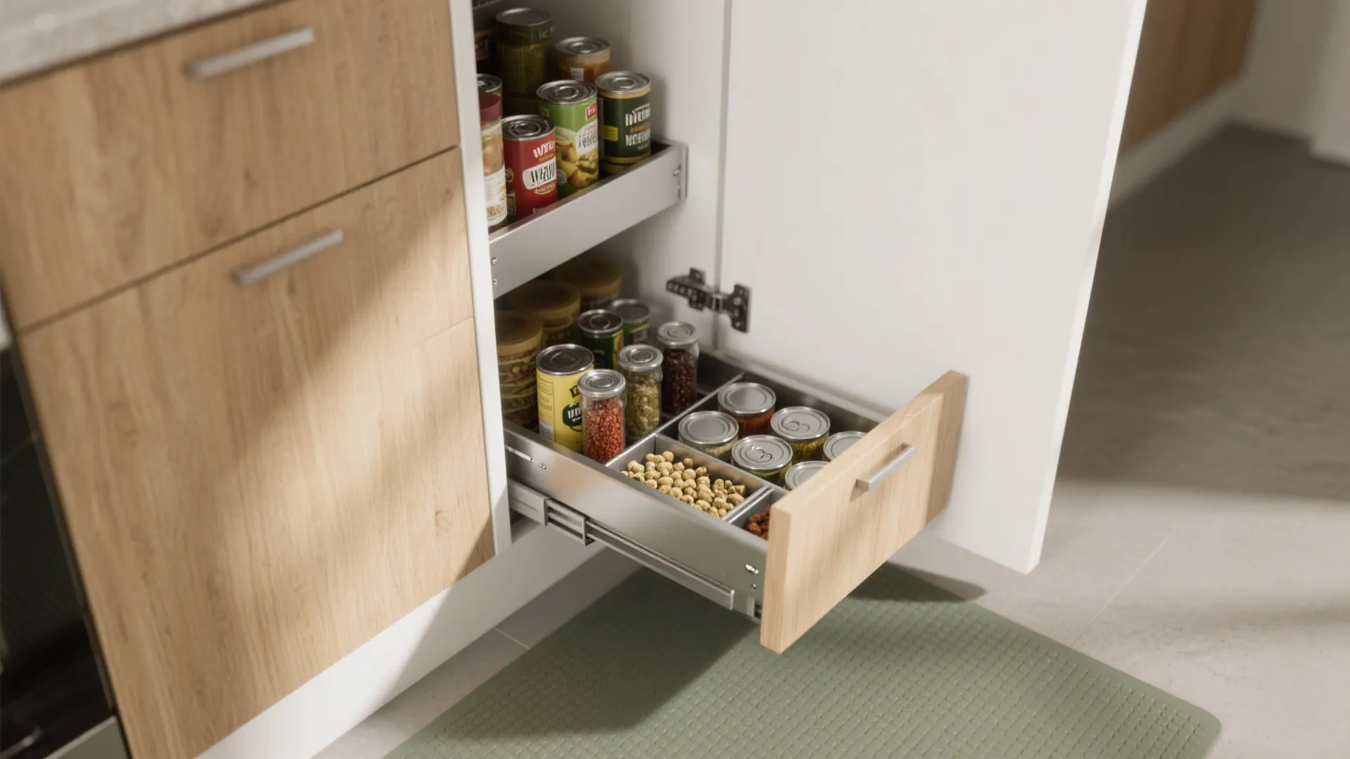 Modern kitchen with pullout wood cabinet drawer storing various food cans, glass jars, and beans