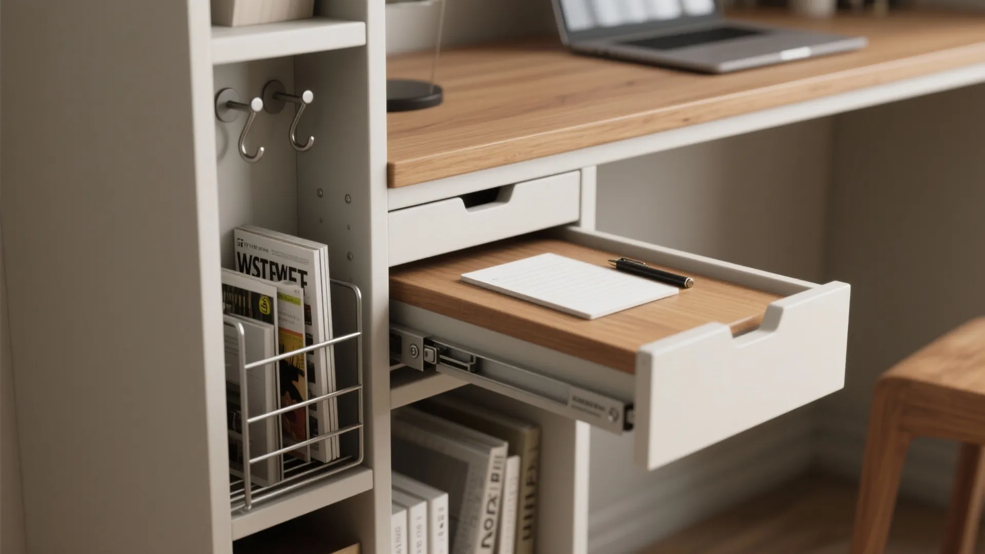 White desk with open wooden pull out drawer holding paper pen magazine rack and laptop computer