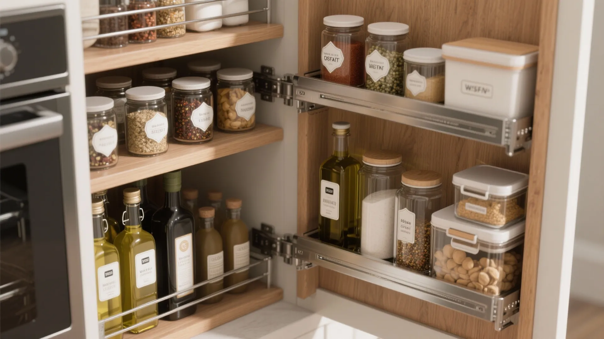 Kitchen cabinet with pullout shelves holding glass spice jars oil bottles and dry food containers